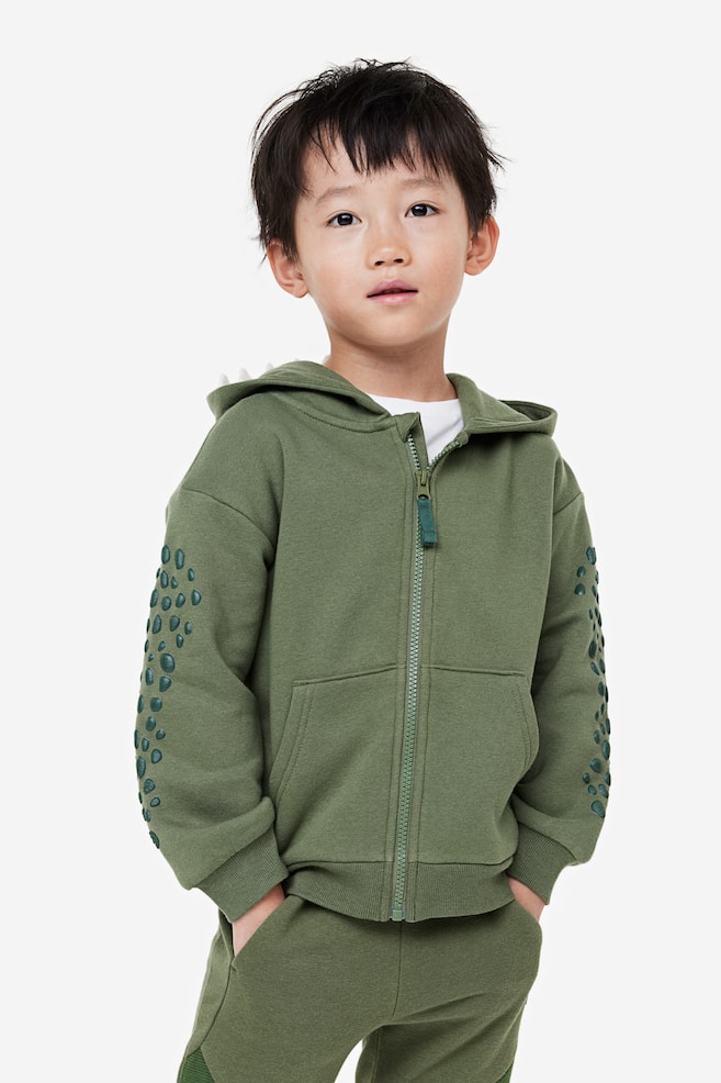 Appliquéd zip-through hoodie - Dark khaki green/Dinosaur - 5
