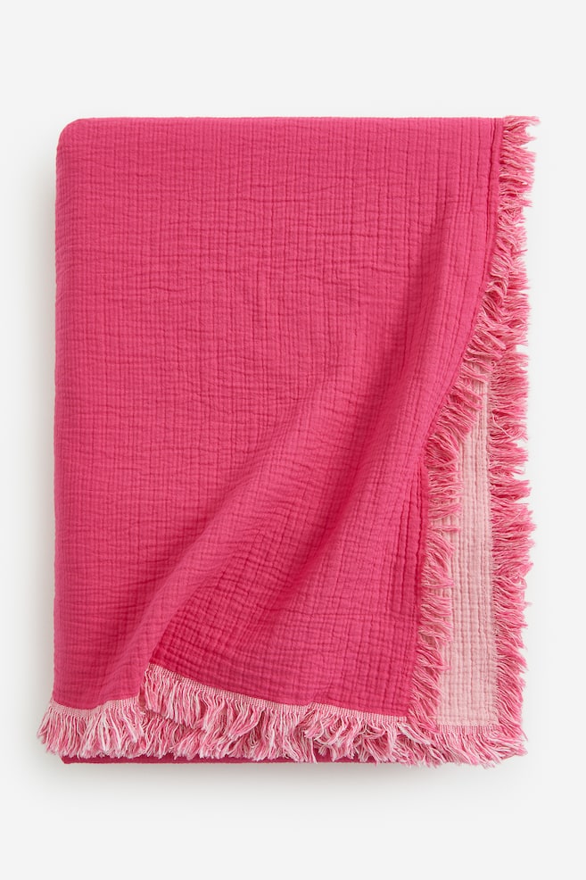 Fringed cotton muslin bedspread - Pink/Royal blue/Green - 1