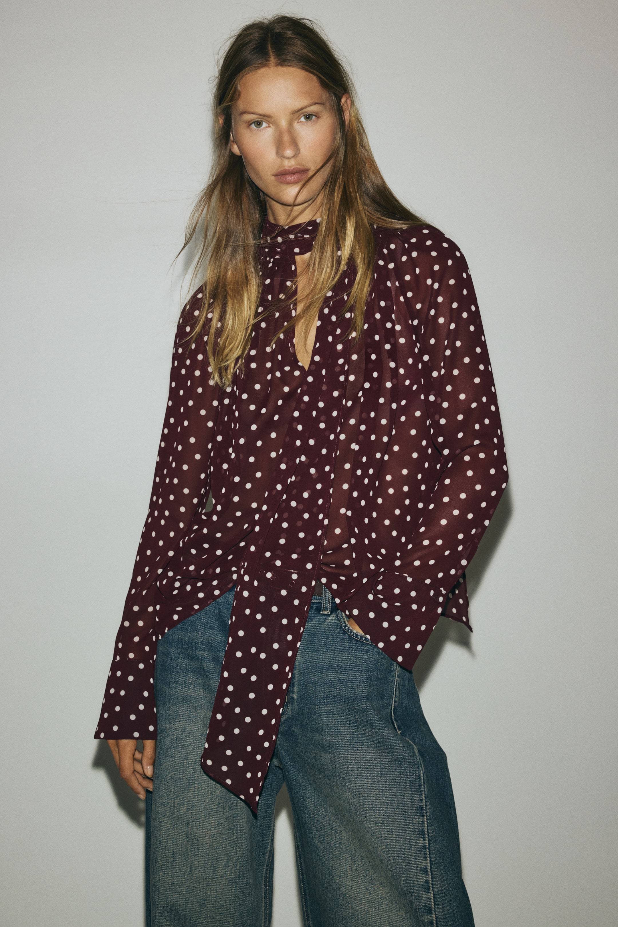 View larger image: Scarf-collar blouse - Burgundy/Spotted - Ladies | H&M IE 3