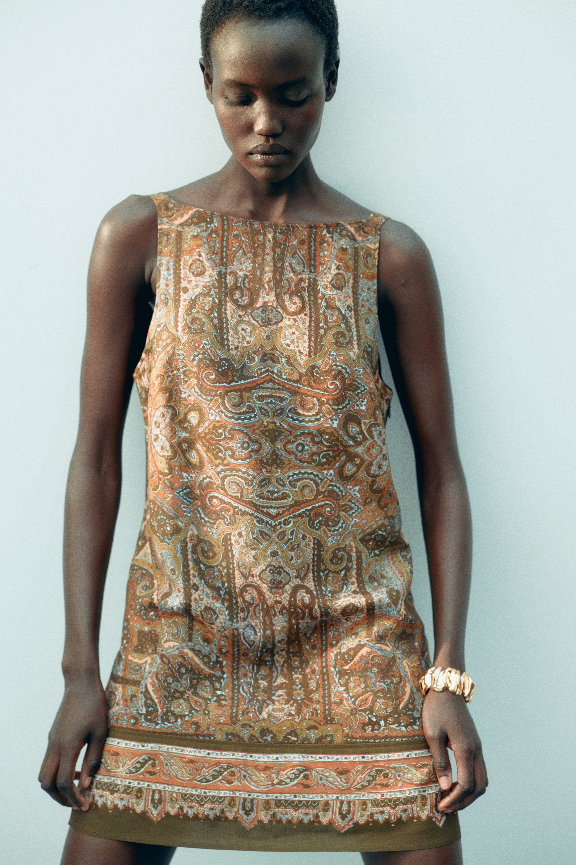 Sleeveless linen-blend dress - 卡其綠/佩斯利變形蟲圖騰