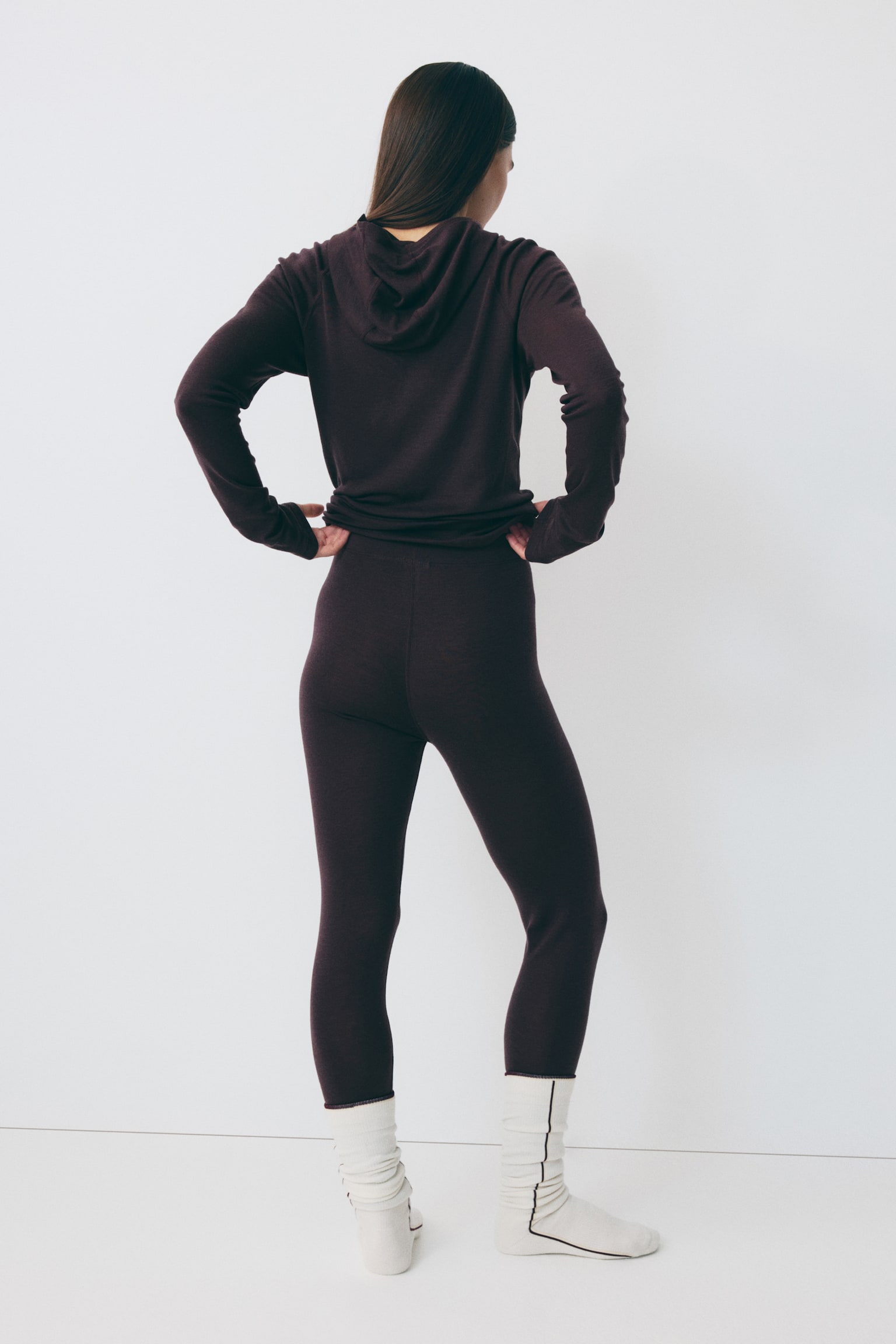 Wool ski base layer leggings - Aubergine purple/Black/Grey marl - 3