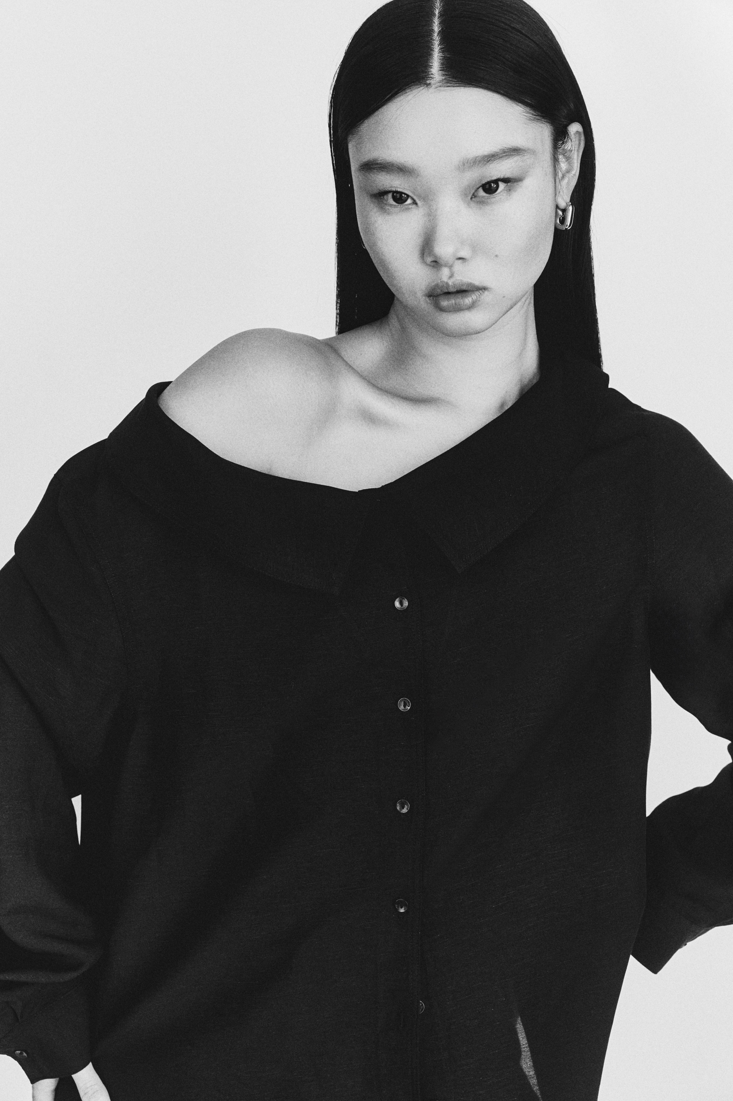 Linen-blend off-the-shoulder shirt - Negru