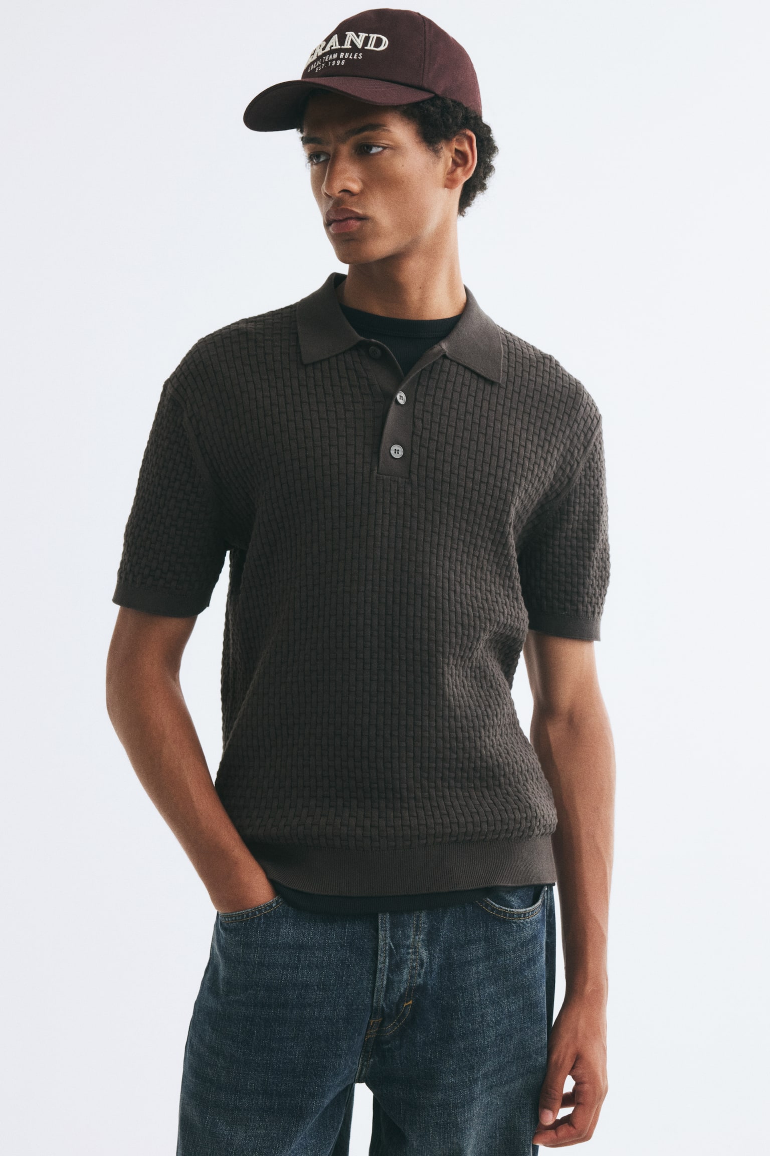 Playera polo Regular Fit en tejido texturizado - Verde oscuro/Crema - 1