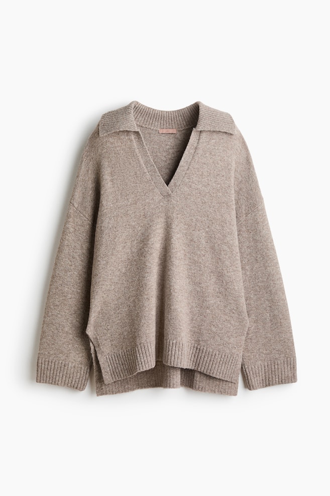 Fine-knit collared jumper - Mole marl/Dark brown/Navy blue - 1