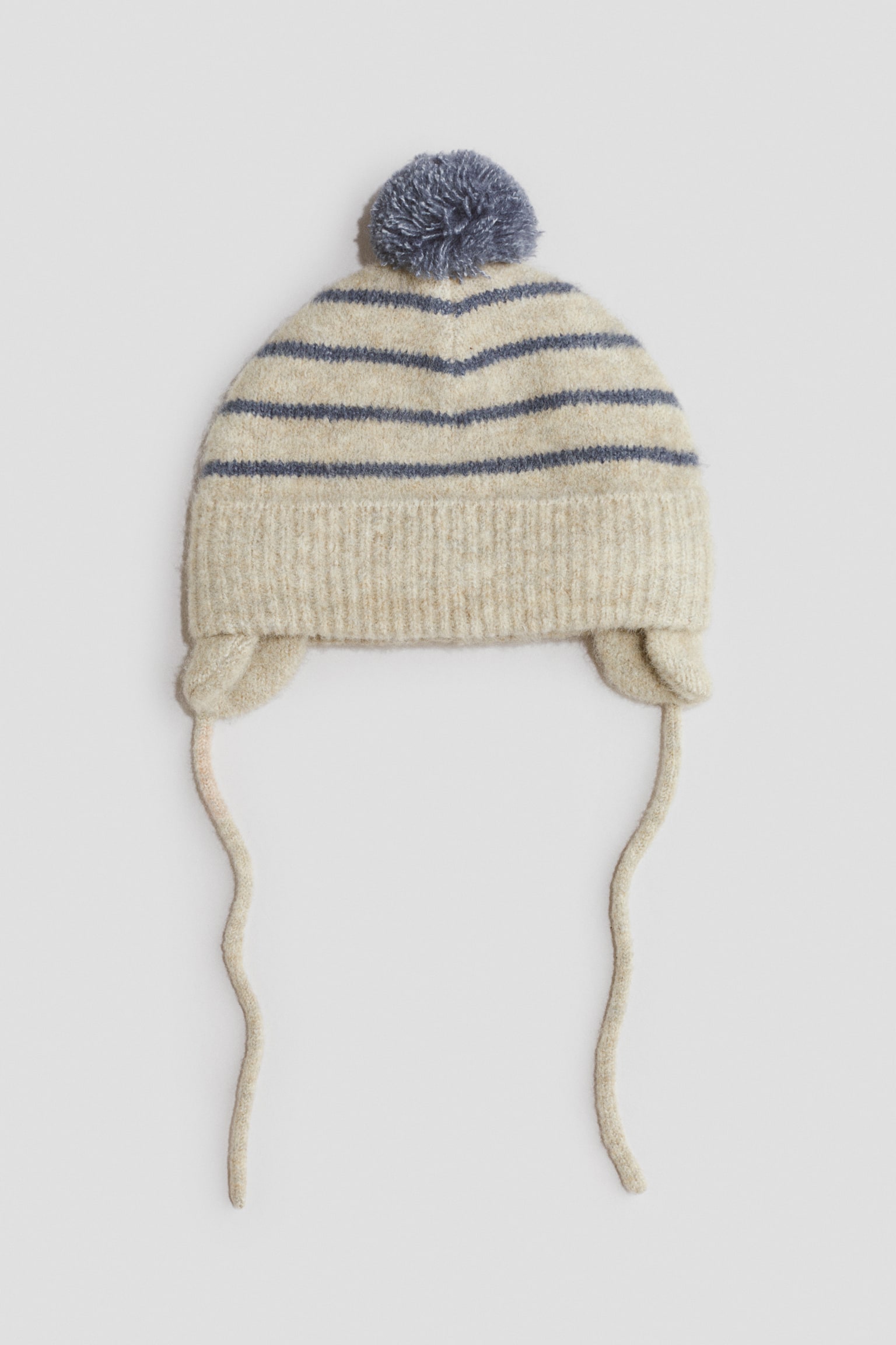 Fleece-Lined Beanie with Chin Ties - Light beige/blue striped/Green