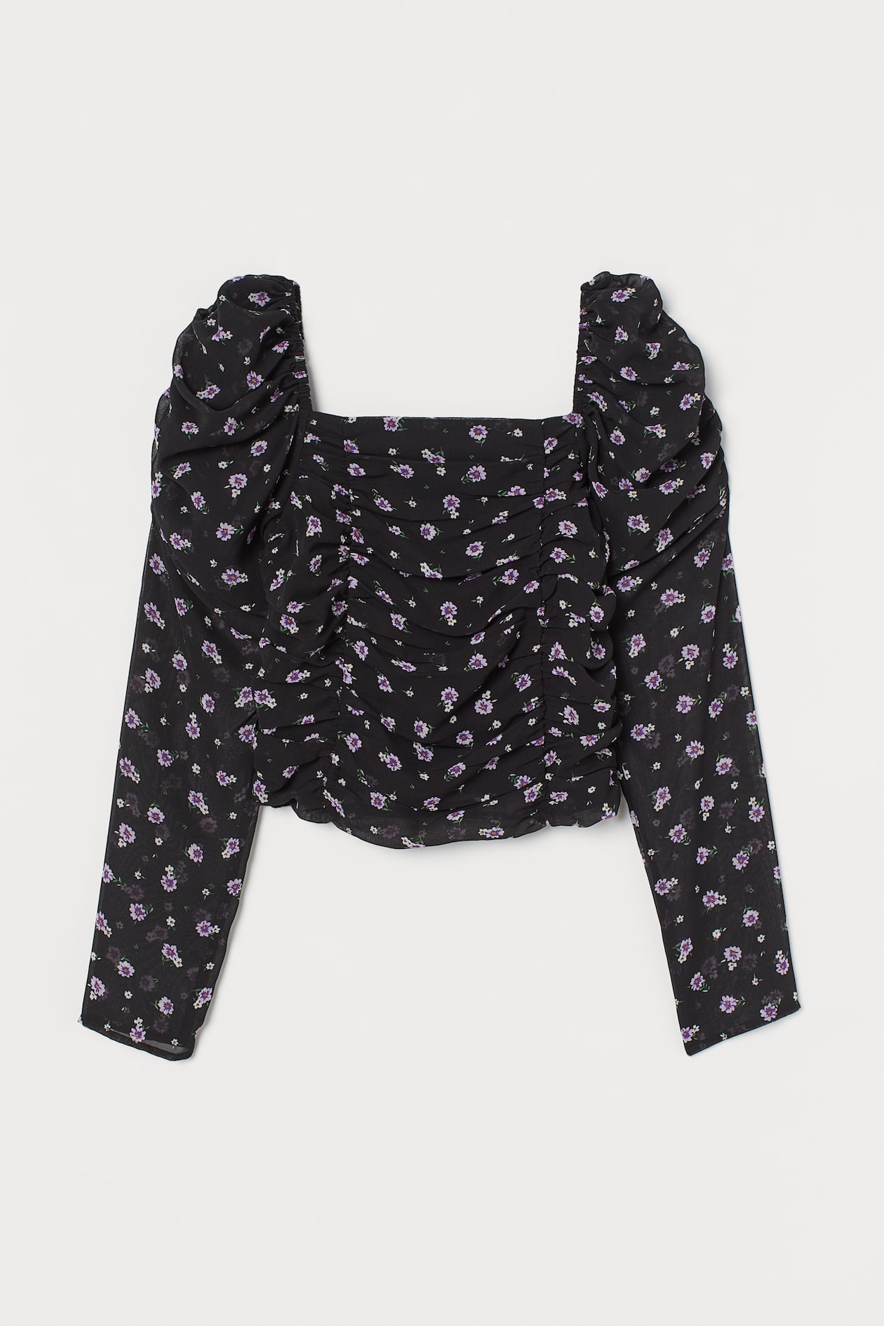 Puff-sleeved Top - Square Neckline - Long sleeve - Black/purple floral ...