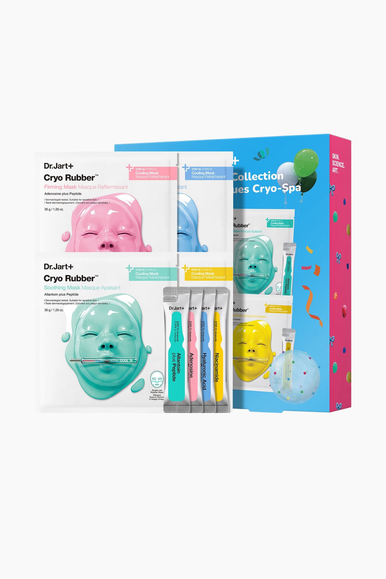 Dr. Jart+ Cryo Spa Mask Collection esitellään, ja siinä näkyy oikealle vinottain asetettu sininen ja vaaleanpunainen suorakulmainen laatikko. Vasemmalla neljä valkoista maskipussia on aseteltu ruudukkoon, ja niissä on kuvitukset vaaleanpunaisista, vihreistä, sinisistä ja keltaisista kumisista kasvomaskeista. Neljä siroa hopeanväristä ampullitikkua, joissa on yhteensopivat värikkäät etiketit, seisovat rivissä alimpien pussien edessä.