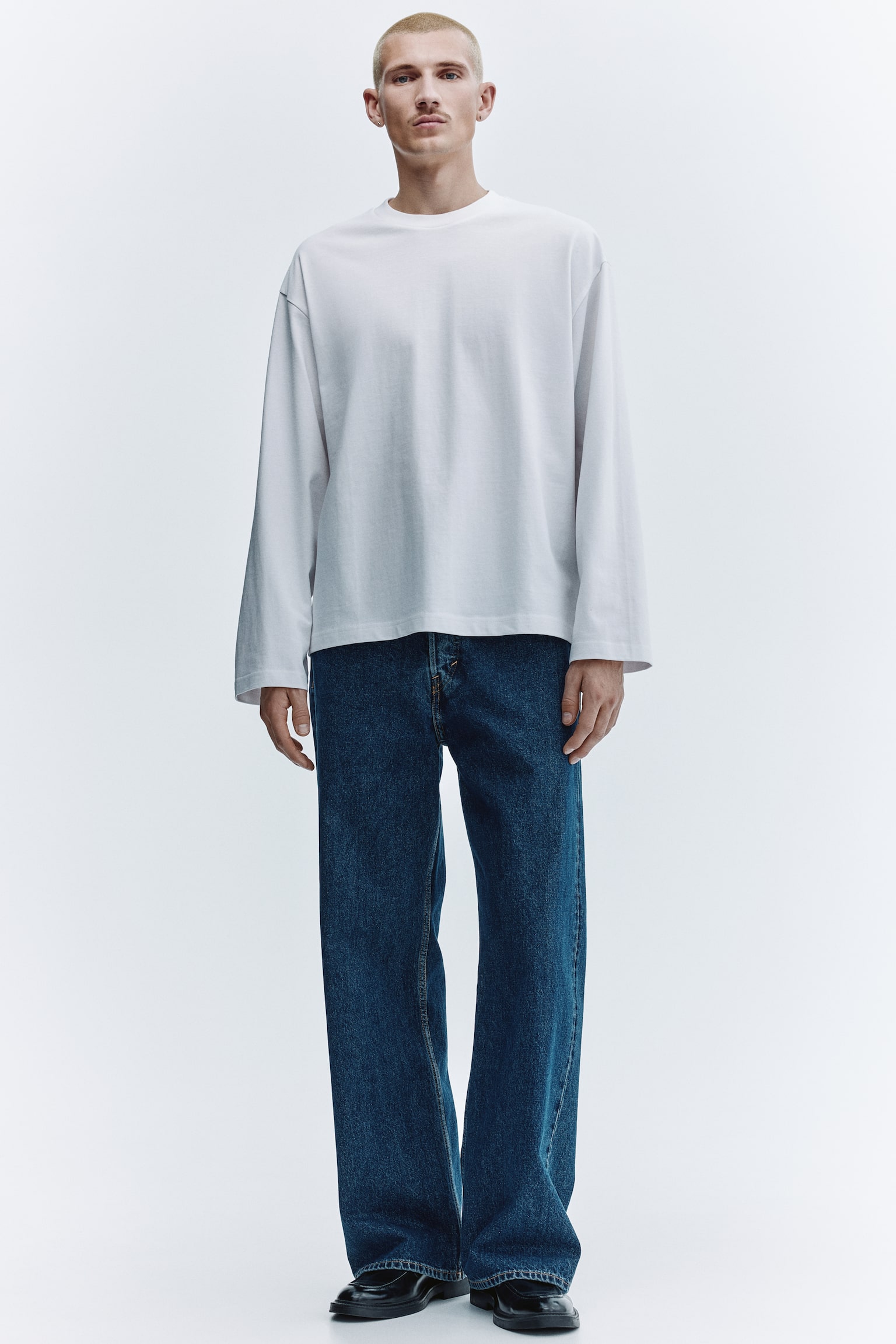 Oversized Fit Long-sleeved jersey top - White/Black/Grey melange/White - 4