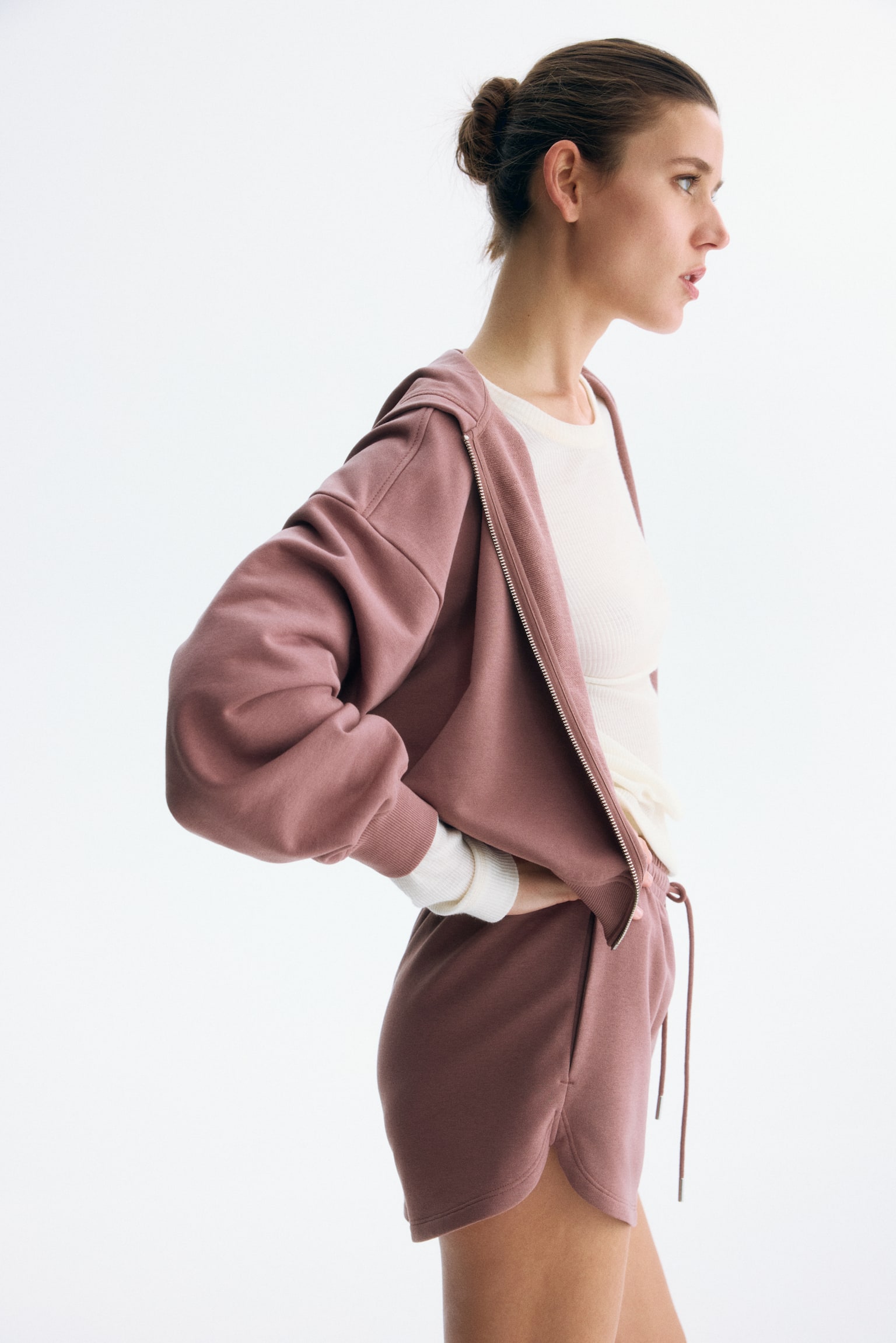 Short zip-through hoodie - Dark dusty pink/Black/Dark brown/Light grey marl - 3