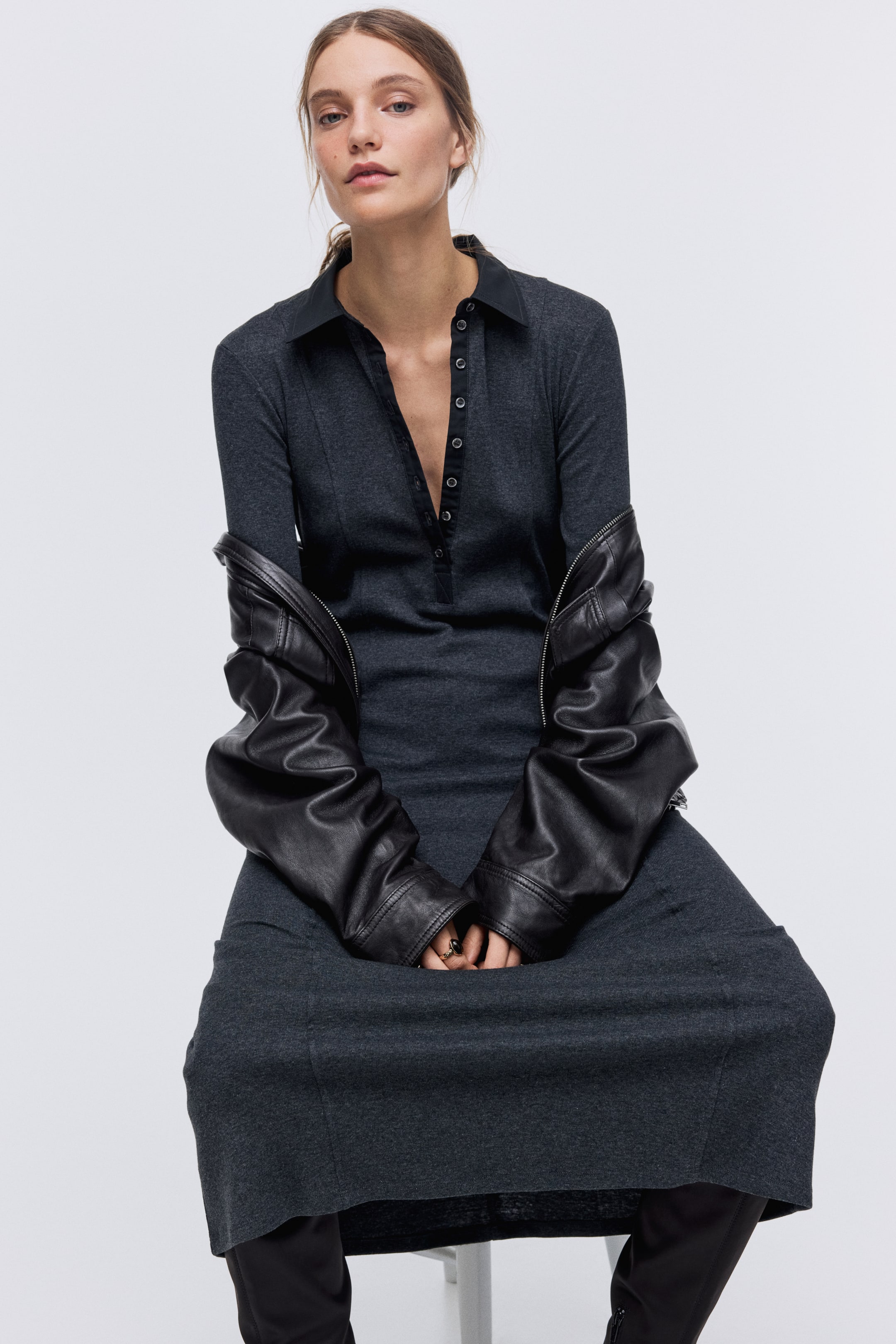 View larger image: Fine-knit polo dress - Dark grey marl - Ladies | H&M IN 3