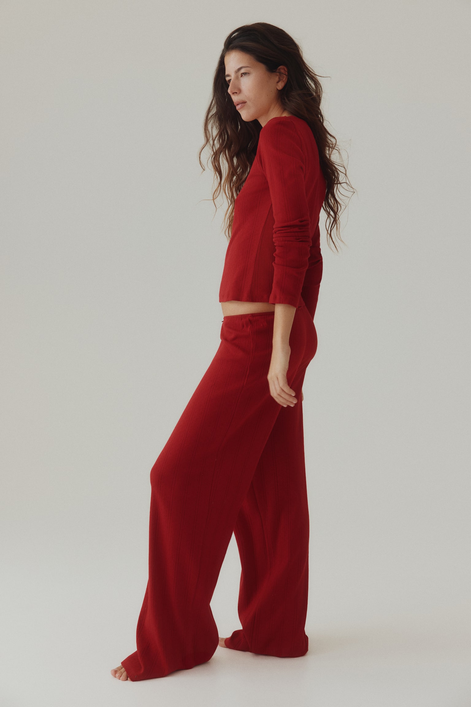 Pamuklu ve Delik Desenli Pijama Takımı - Kırmızı - 6