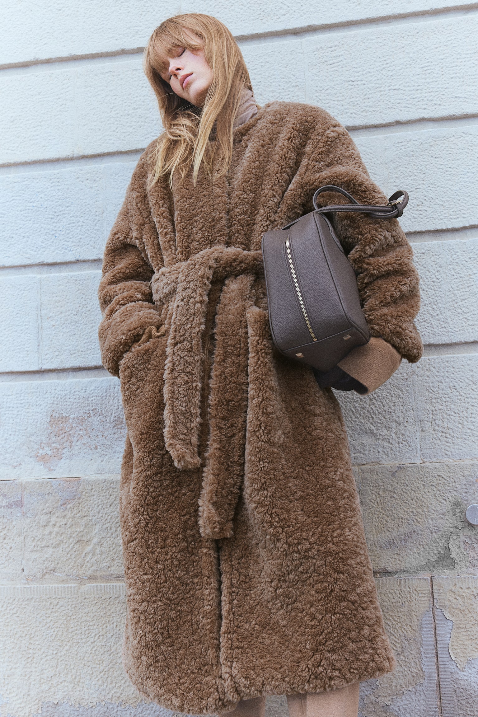 Fluffy tie-belt coat - Mole/Dark brown - 3