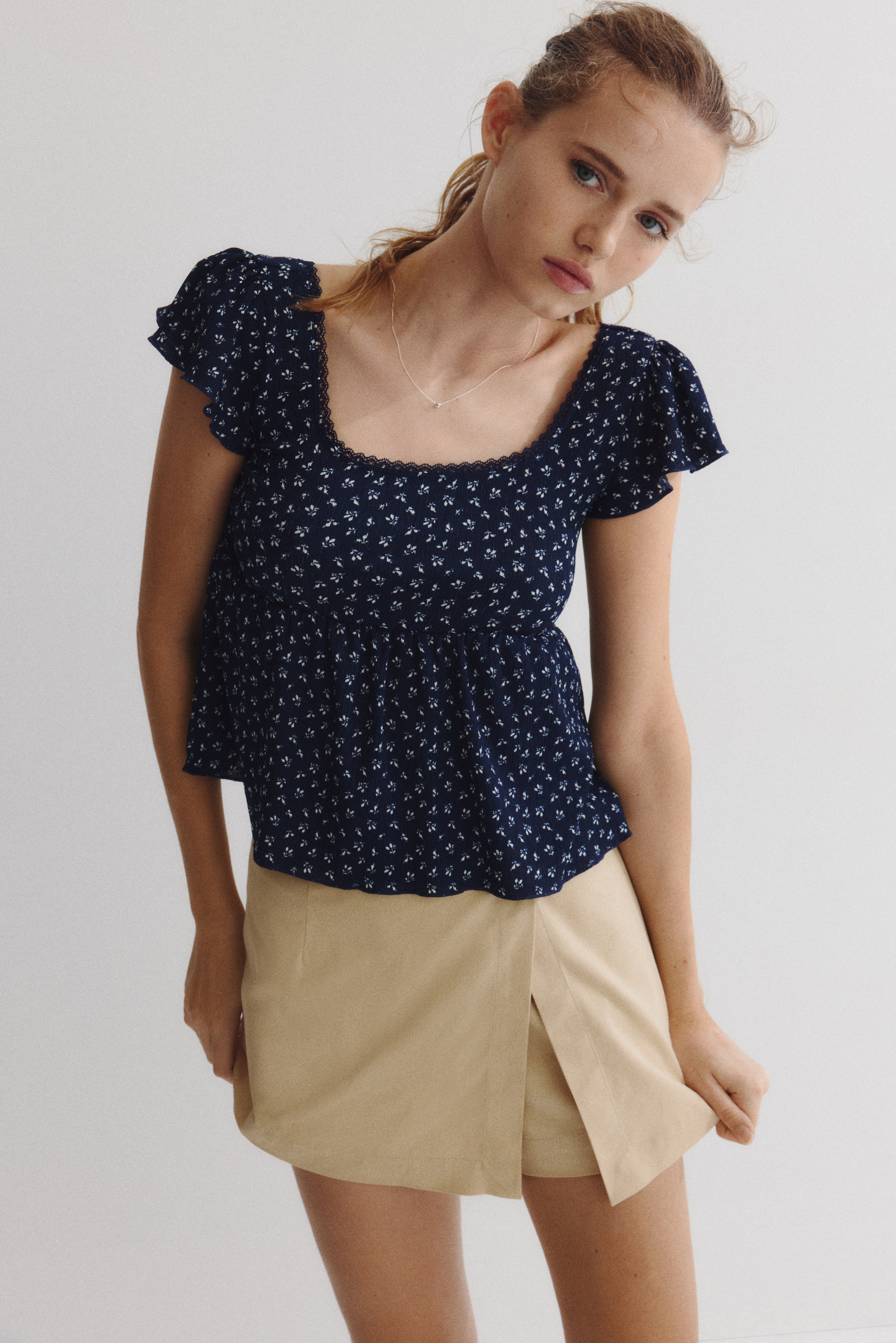 Textured Jersey Top - Navy blue/Floral/Light beige/Dot/White/Light blue/Black/Dot