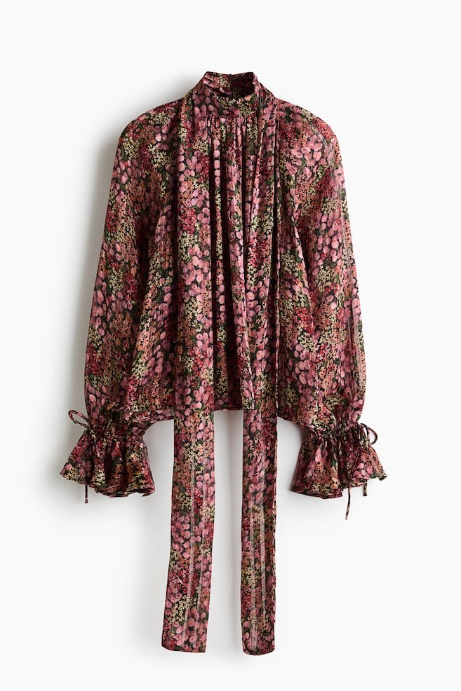 Tie-detail chiffon blouse - Pink/Floral/Dark brown/Leopard print - 1