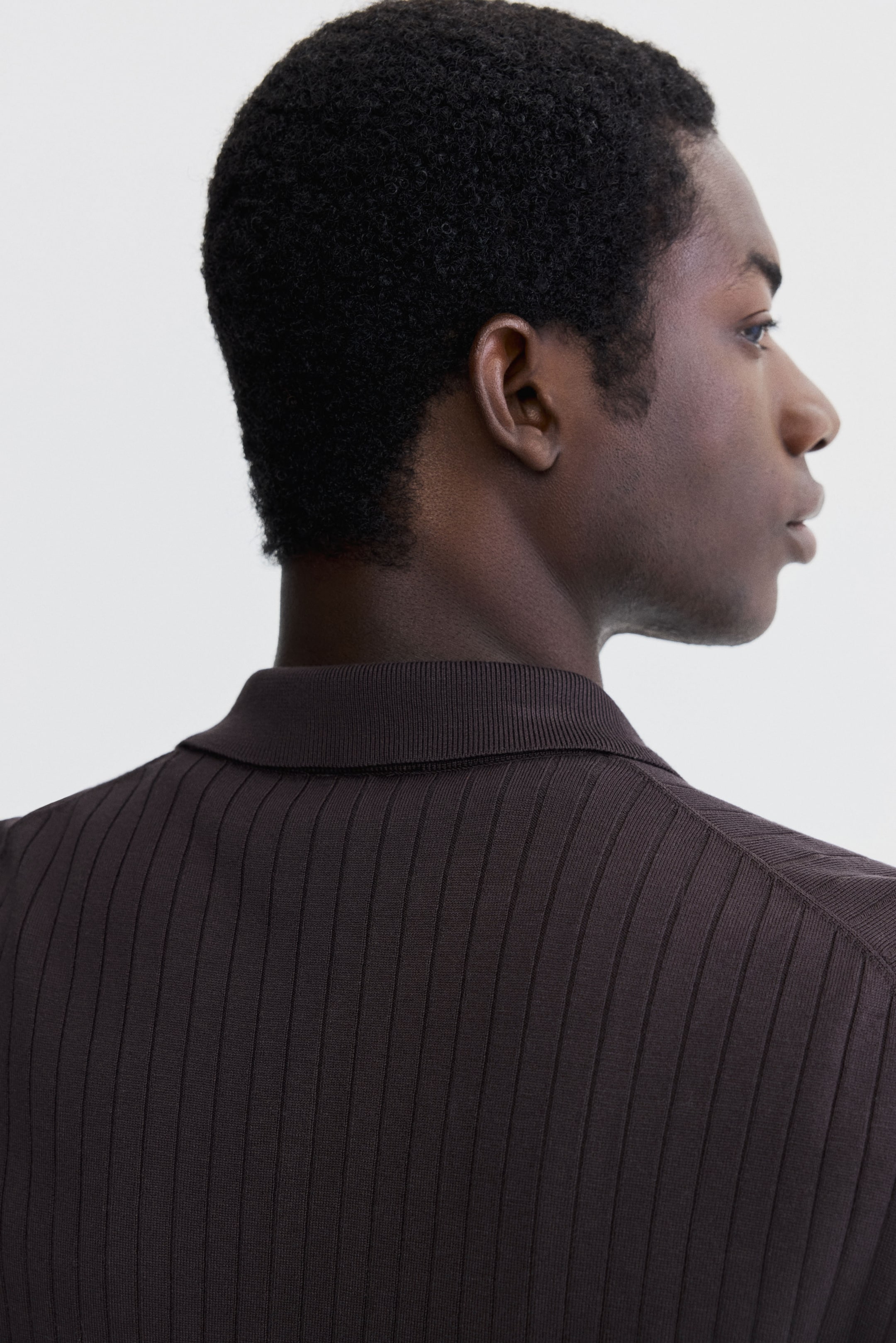 Größeres Bild anzeigen: Ein dunkelbraunes, geripptes Strick-Poloshirt wird von hinten und der Seite präsentiert, wobei der strukturierte Polokragen zu sehen ist.