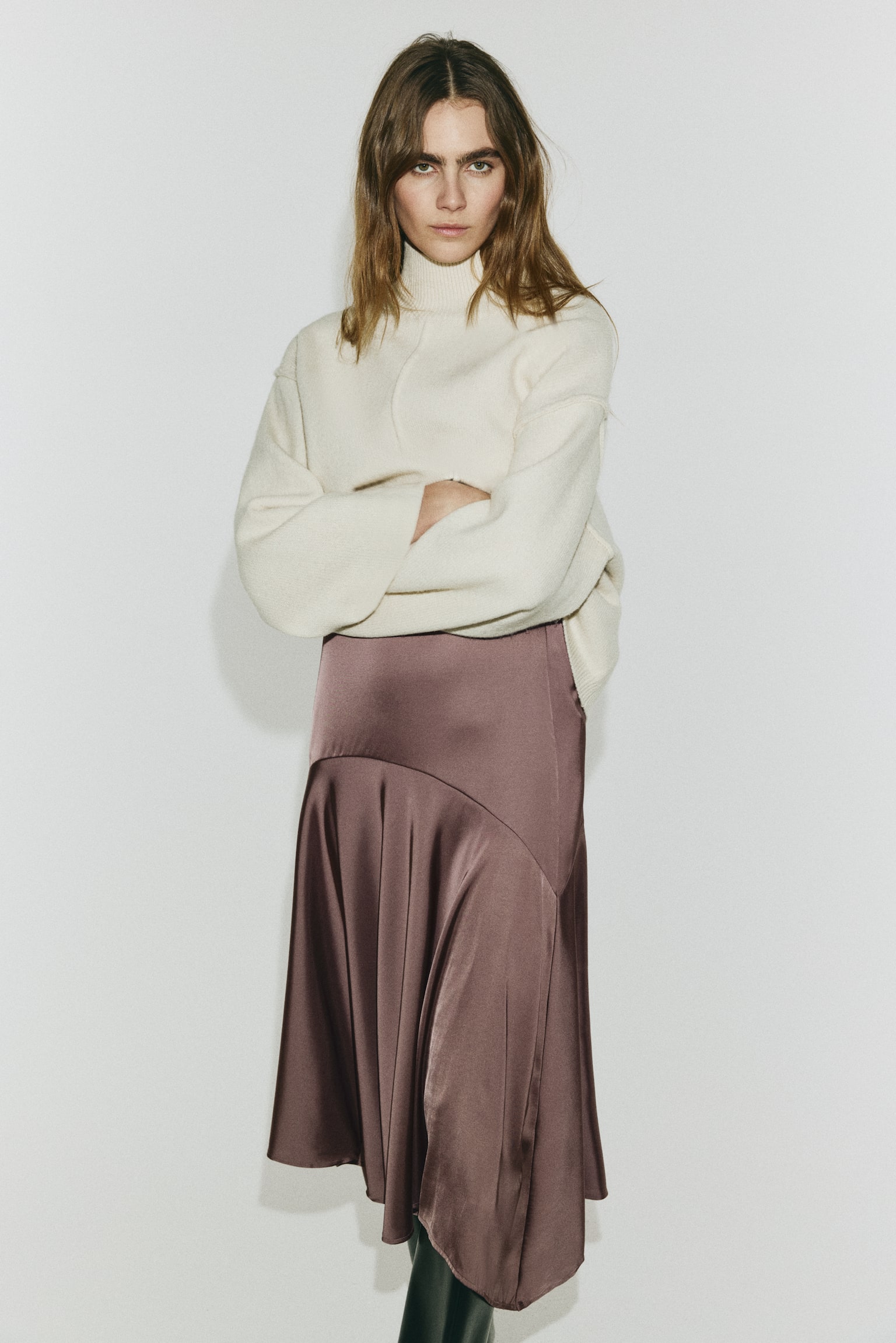 Satin twill skirt - Dark mauve/Dark brown - 1
