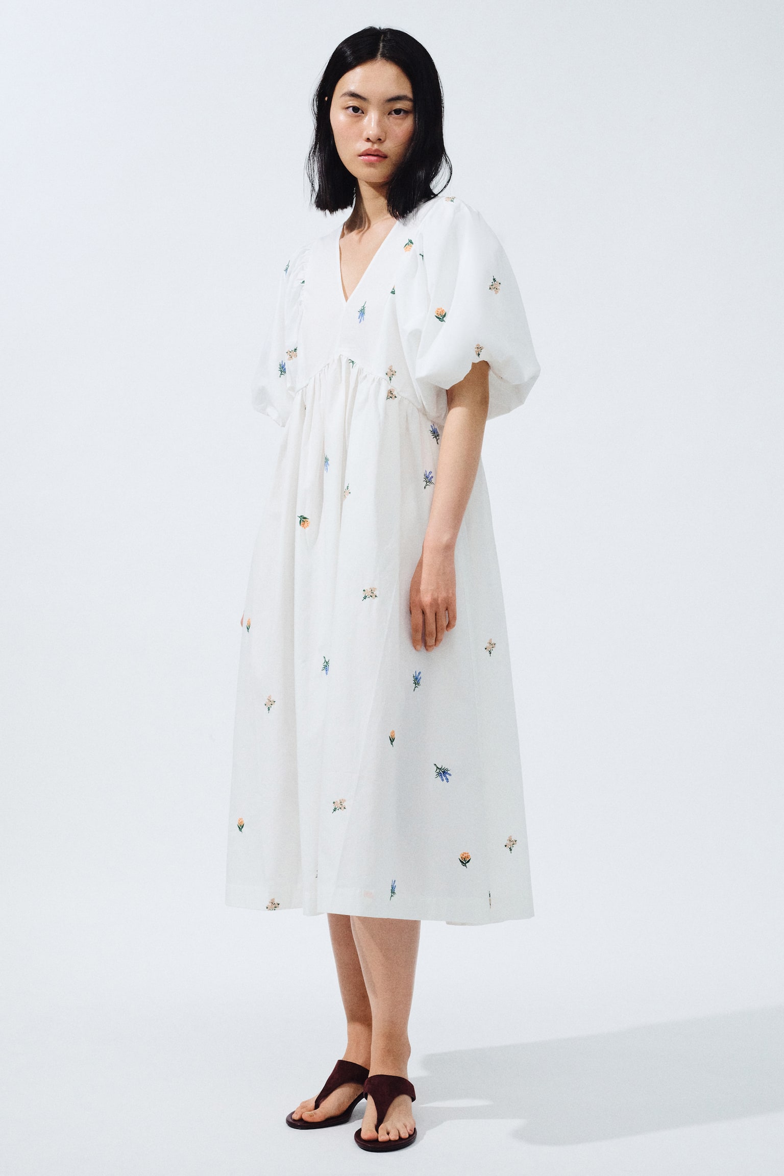 Embroidered Puff Sleeve Dress - White/Floral - 1
