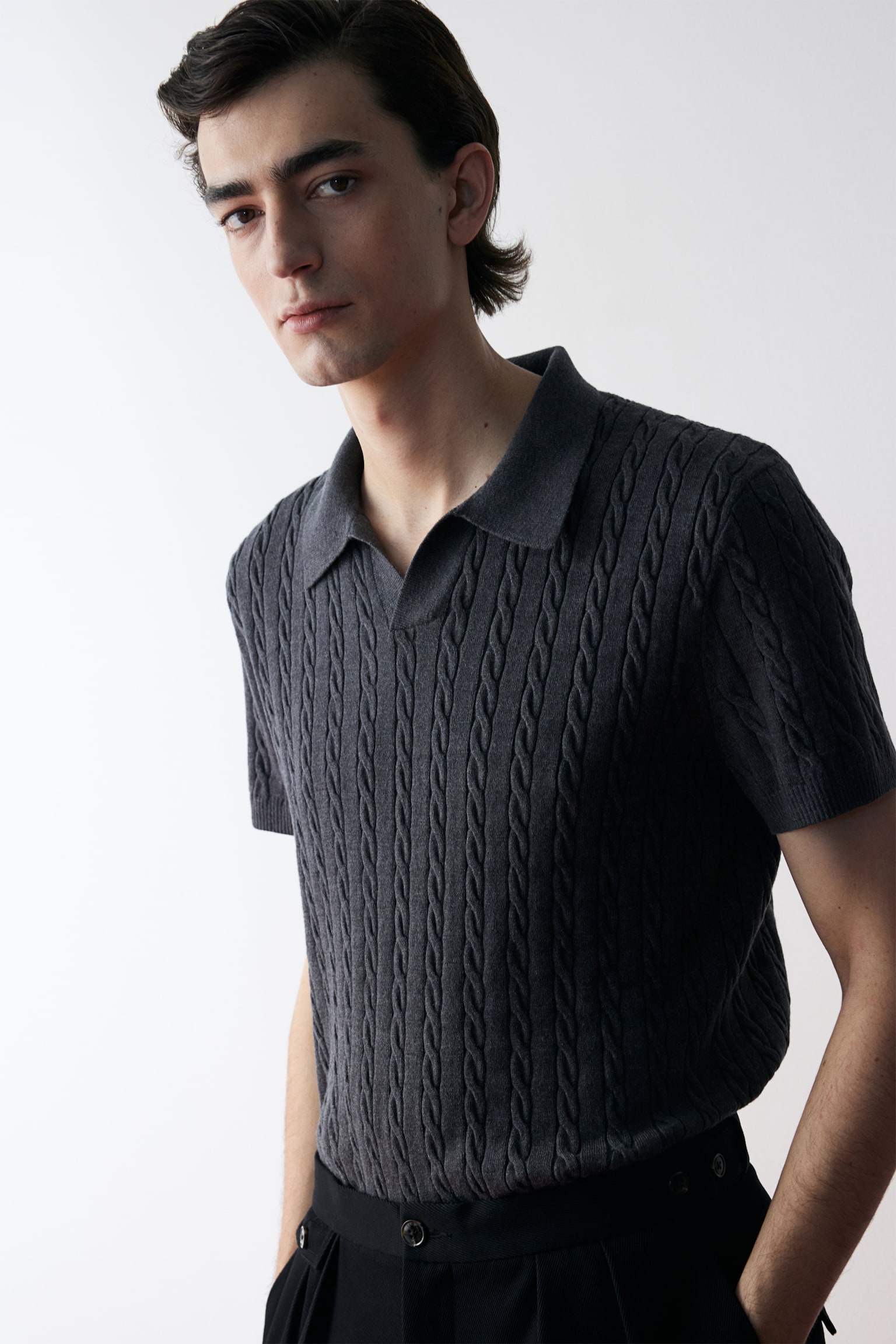 Regular Fit Cable-knit polo shirt - Dark grey/White/Beige - 5