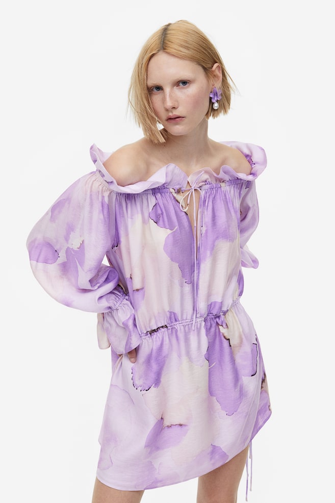 Oversized off-the-shoulder dress - Light purple/Floral - 3