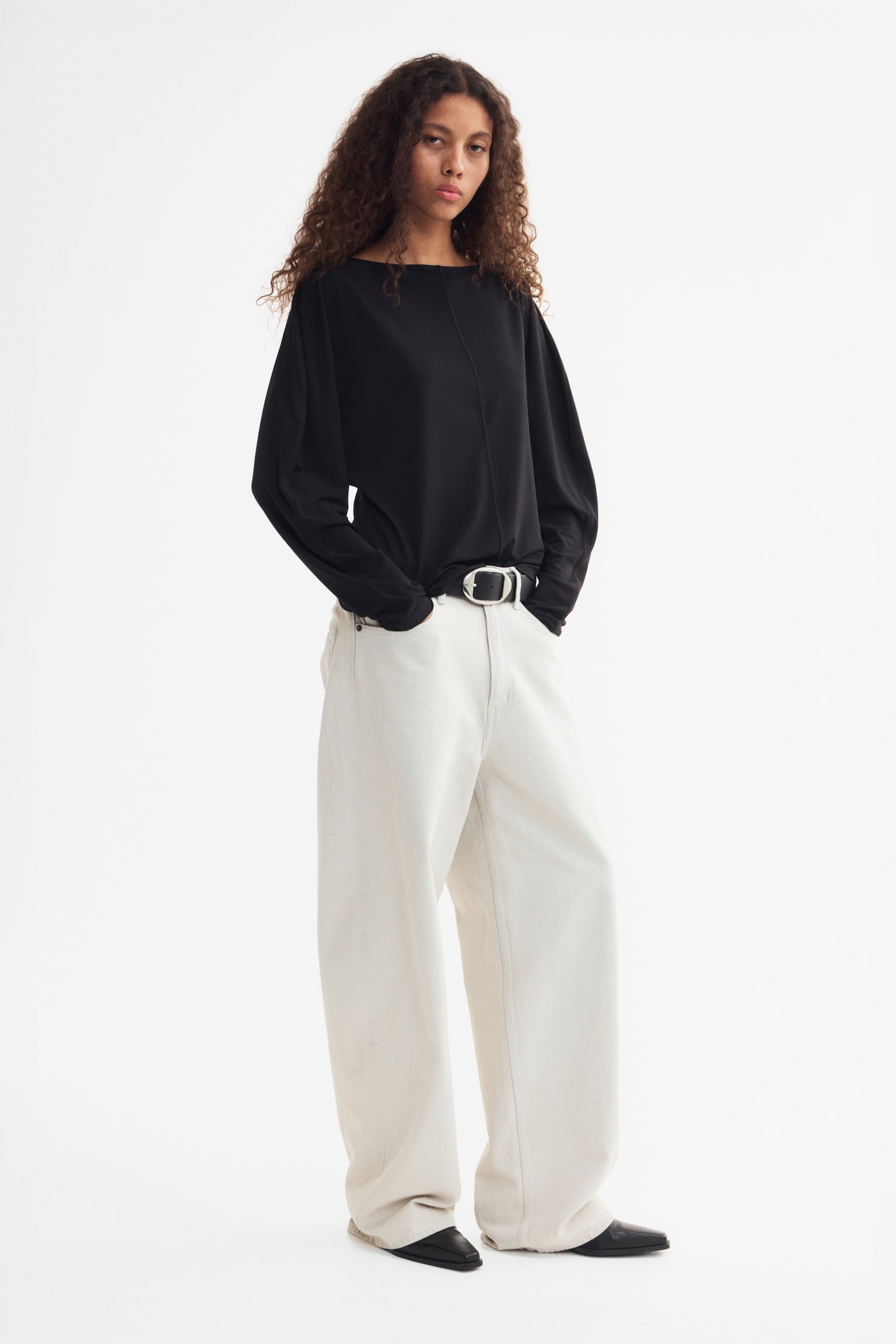 Long-sleeved boat-neck top - Black/Dusty purple - 1