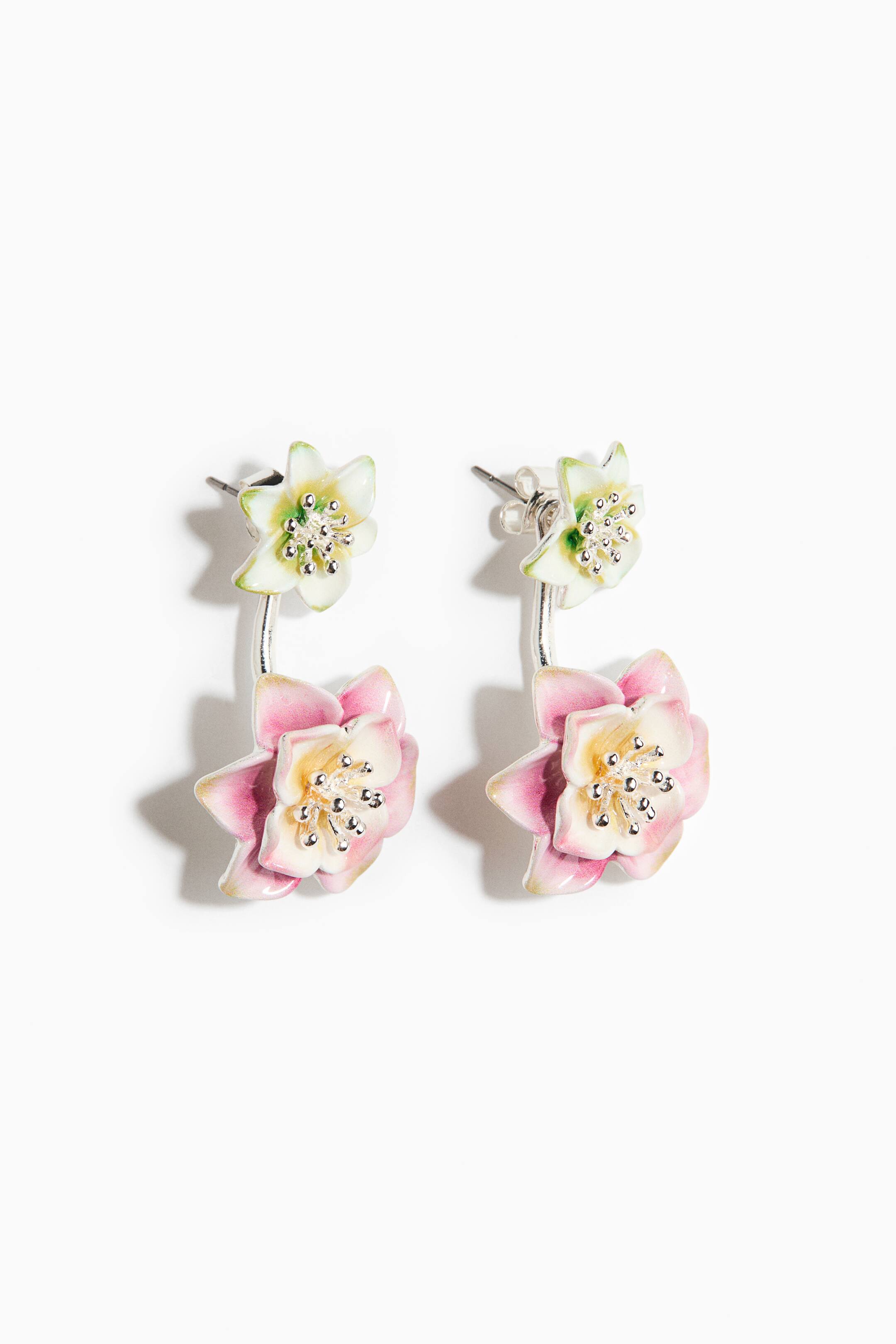 View larger image: Flower-detail front and back earrings - Silver-coloured/Pink - Ladies | H&M 1