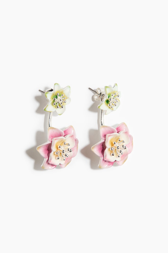 Flower-detail front and back earrings - Silver-coloured/Pink - 1
