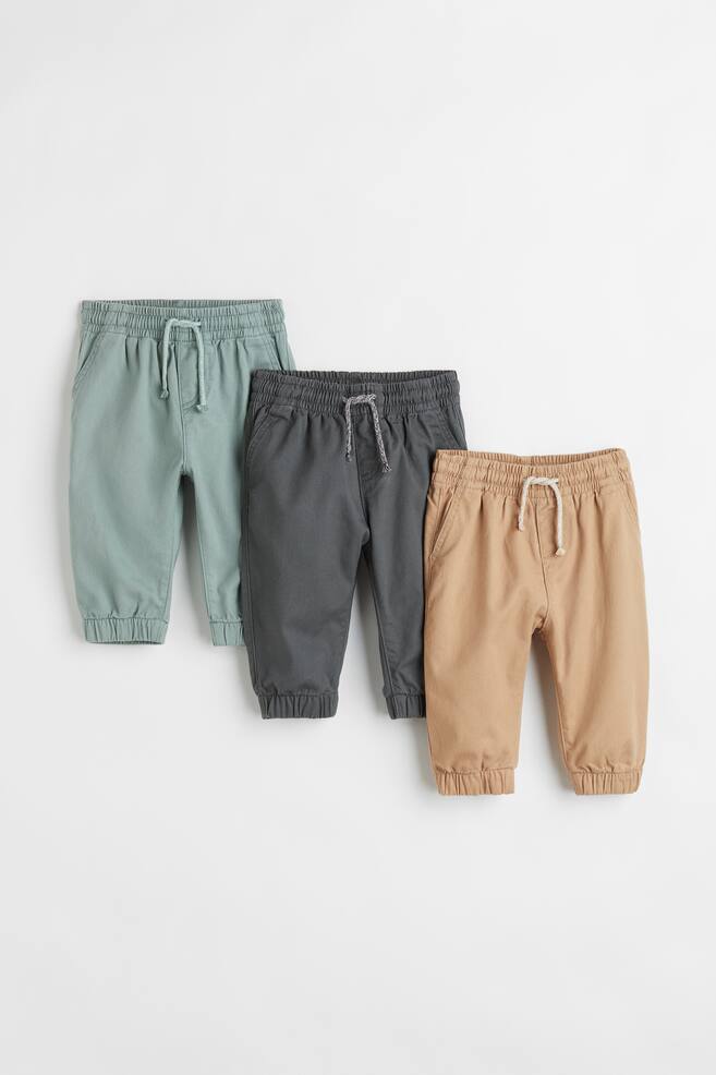 3-pack cotton twill joggers - Beige/Dark grey/Dusty green