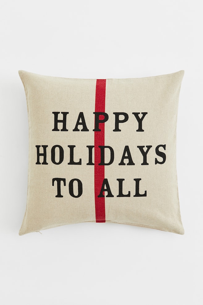 Linen-blend cushion cover - Light beige/Happy Holidays - 1