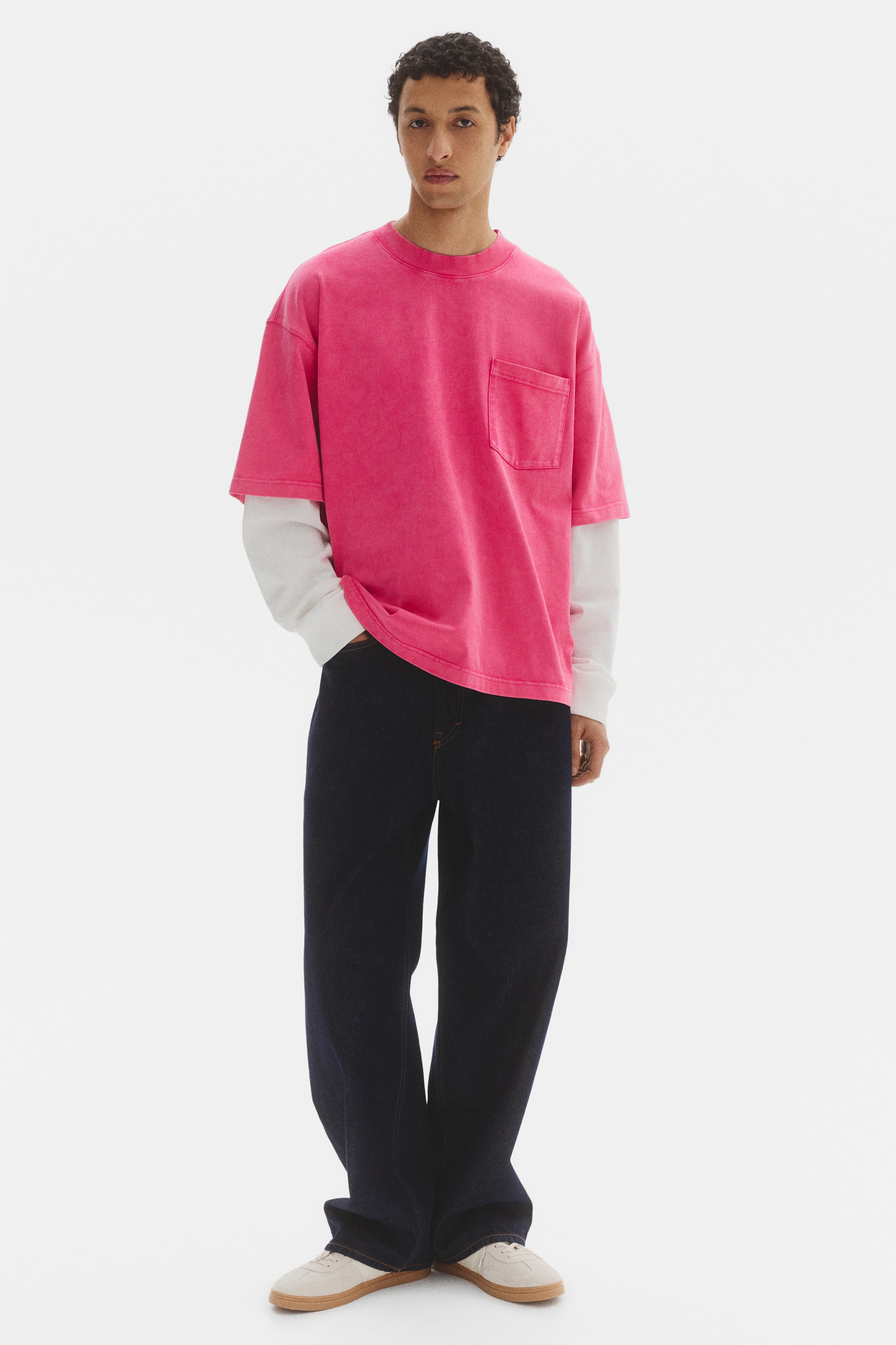 Oversized Layered Cotton Shirt - Bright pink/color block