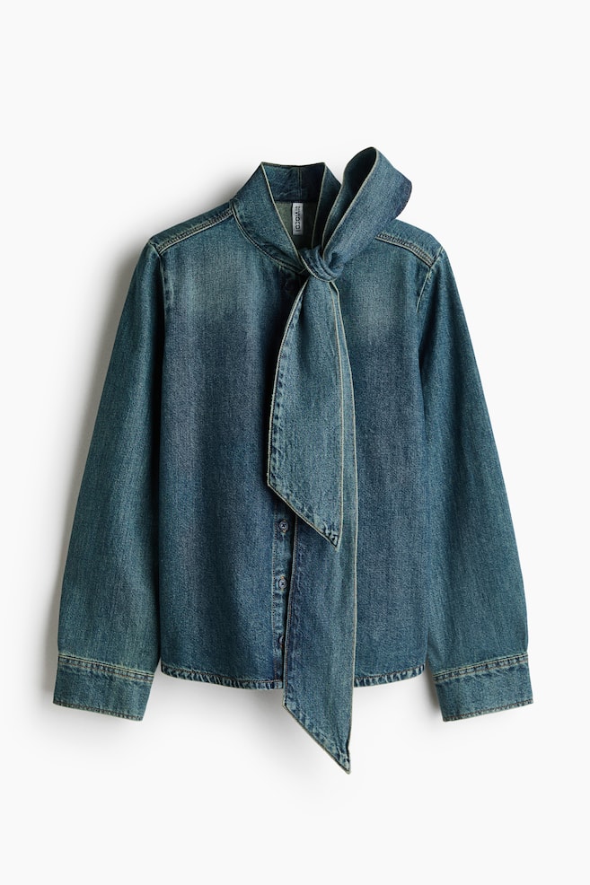 Denim Blouse with Scarf Collar - Denim blue - 1