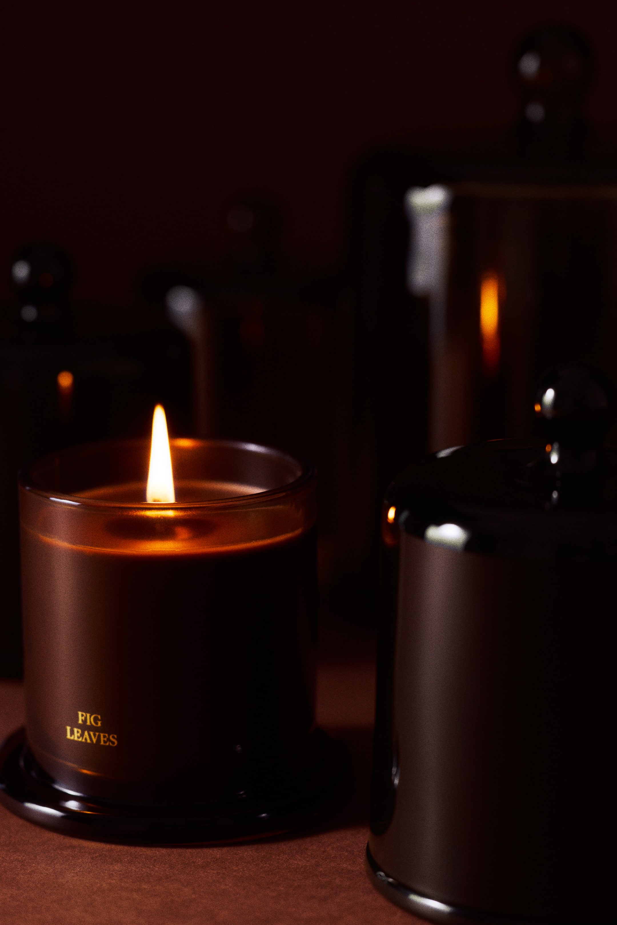 View larger image: A scented candle is burning inside a dark brown cylindrical glass holder, displaying the words “FIG LEAVES” in gold lettering on the front. The holder rests on its circular dark glass base, with its matching cloche lid, featuring a round top handle, standing beside it.