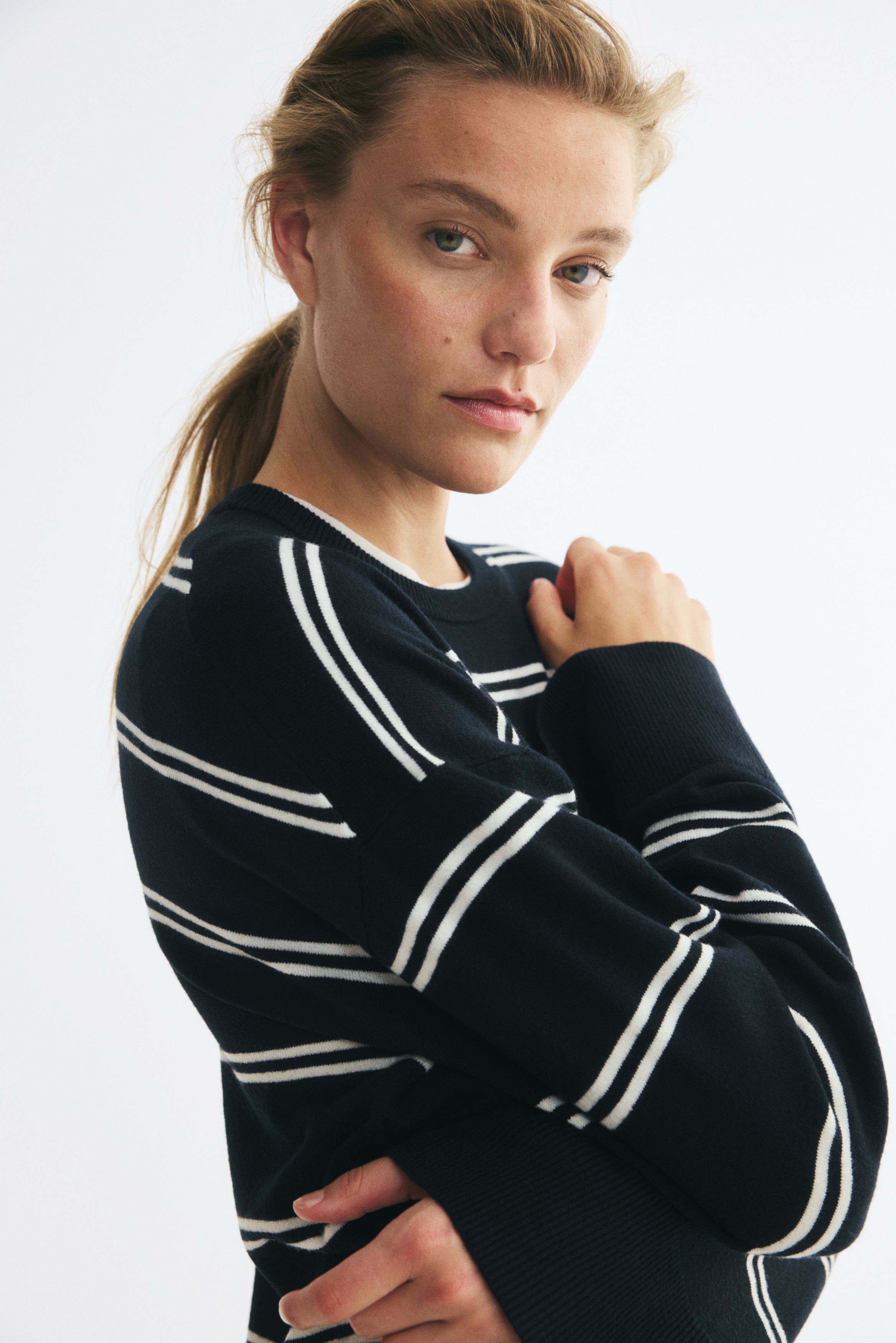 Oversized jumper - Dark blue/White striped/Dark blue/Grey marl