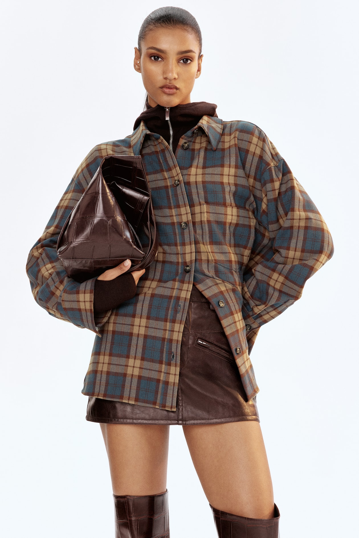 Oversized Flannel Shirt - Dark brown/plaid - Ladies | H&M US