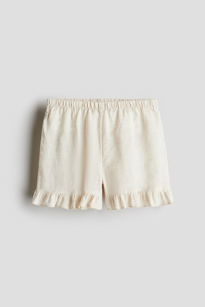 Linnen short met volantrandjes - Lichtbeige/Roze - 1