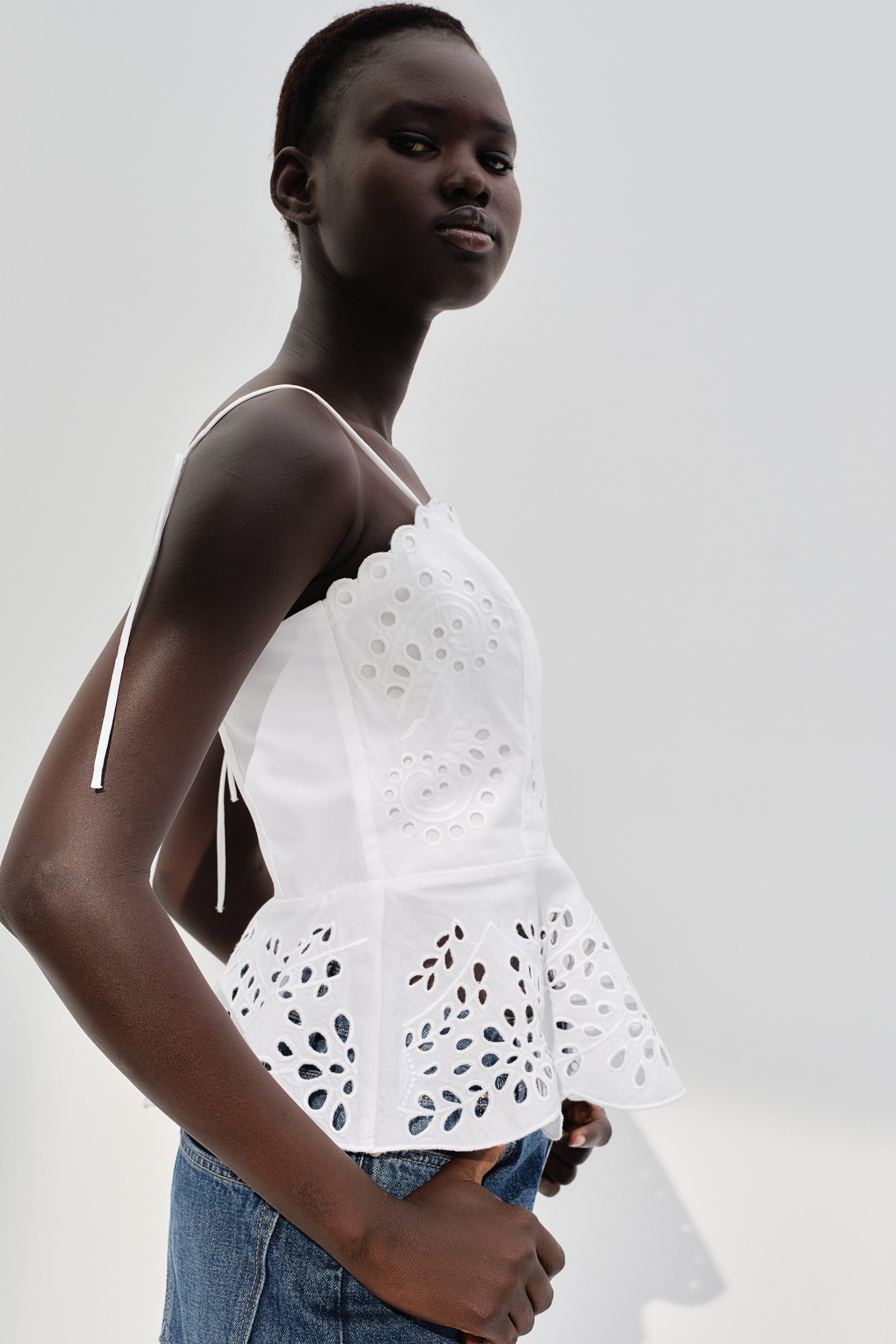 Eyelet-Embroidered Top with Tie Shoulder Straps