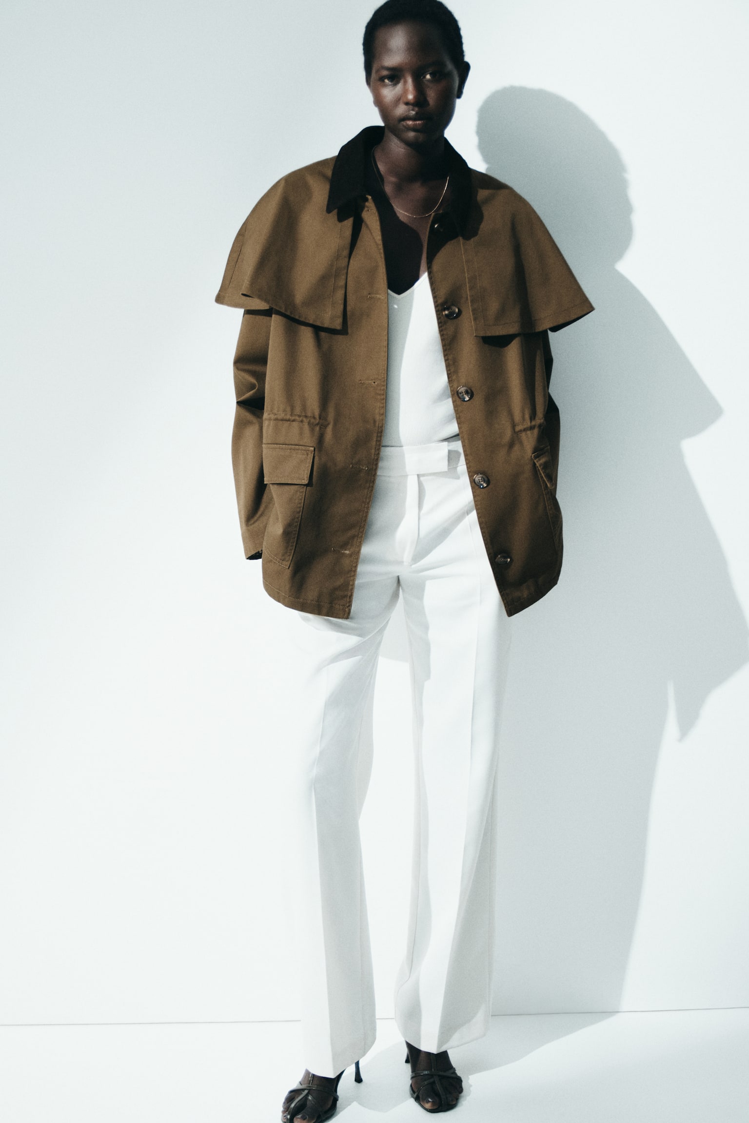 Cape-detail twill jacket - Brown/Beige - 6