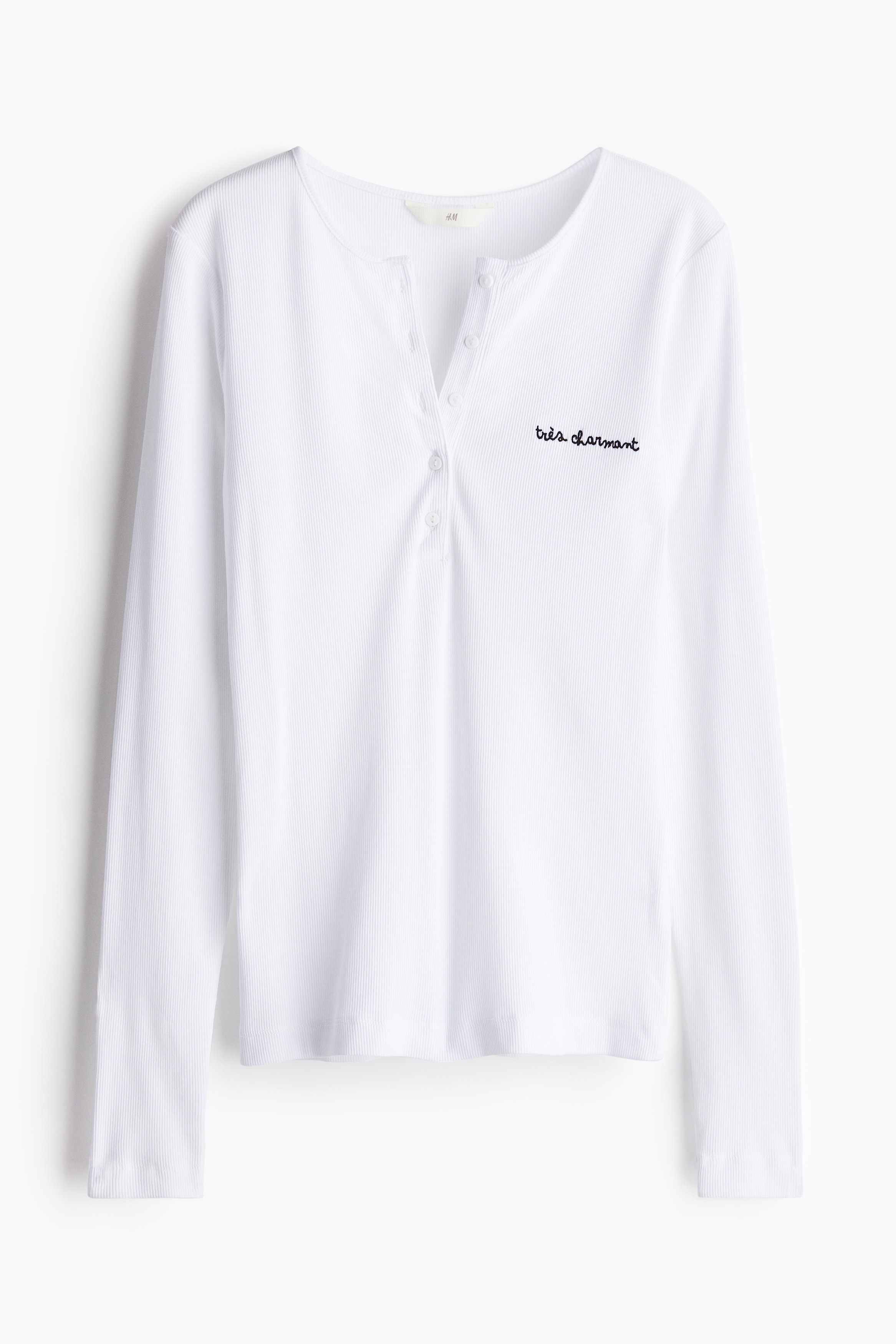 Ladies - White Ribbed Henley top - Size: L  - H&M