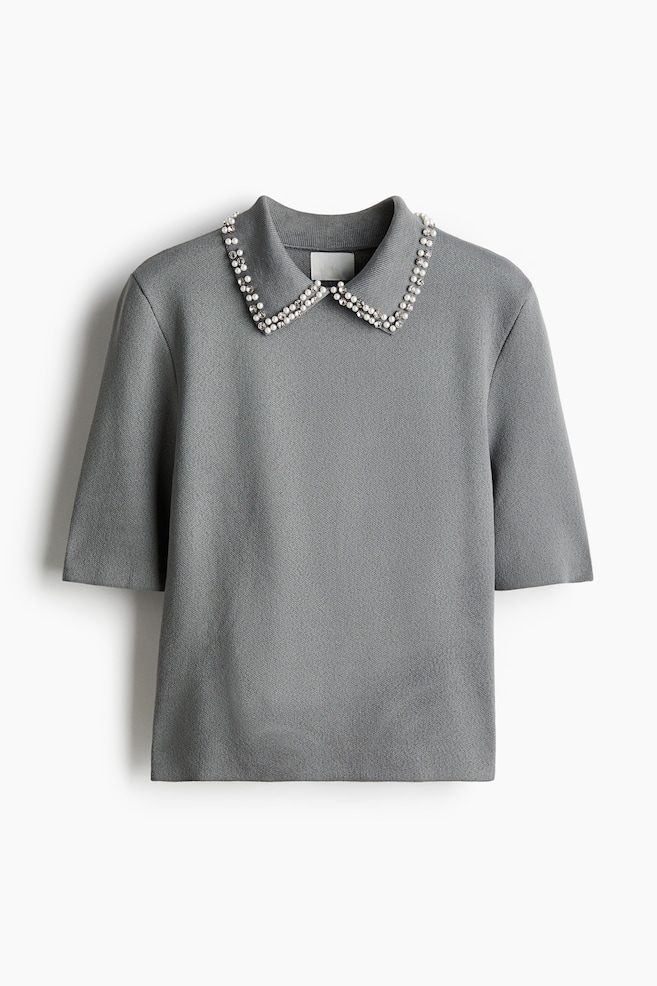 Embellished-collar knitted top - Grey - 1