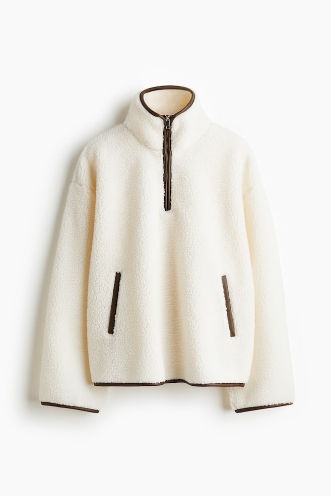 Half-Zip Teddy Fleece Sweatshirt - Cream - 1