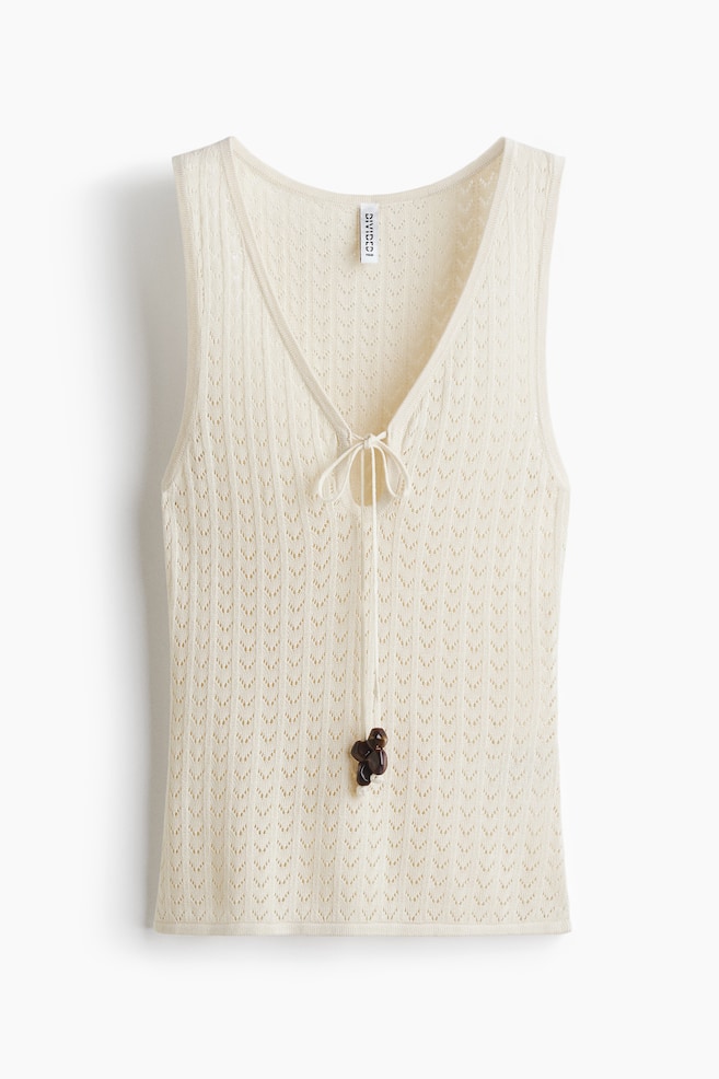 Haut en tricot pointelle avec liens à nouer - Beige clair/Brun foncé/Vert olive - 1
