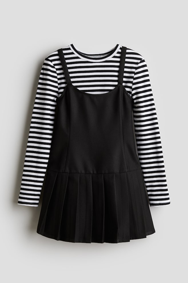 2-teiliges Set mit Shirt und Kleid - Schwarz/Gestreift/Weiß/Grau kariert - 1
