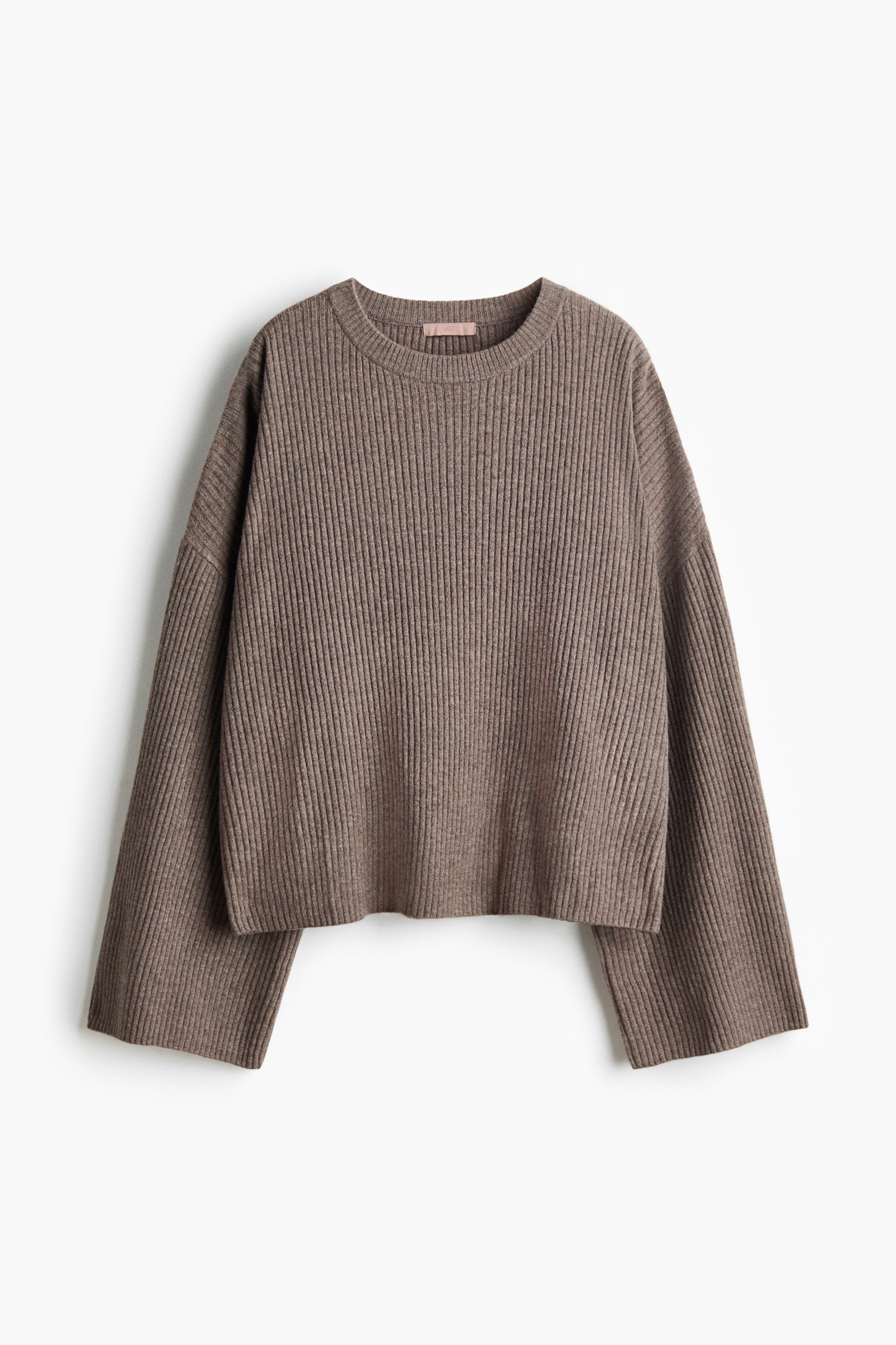 View larger image: A brown ribbed knit sweater featuring a crew neck, wide long sleeves with clean-finished cuffs, and a straight, clean-finished hem. It is laid flat and facing front.