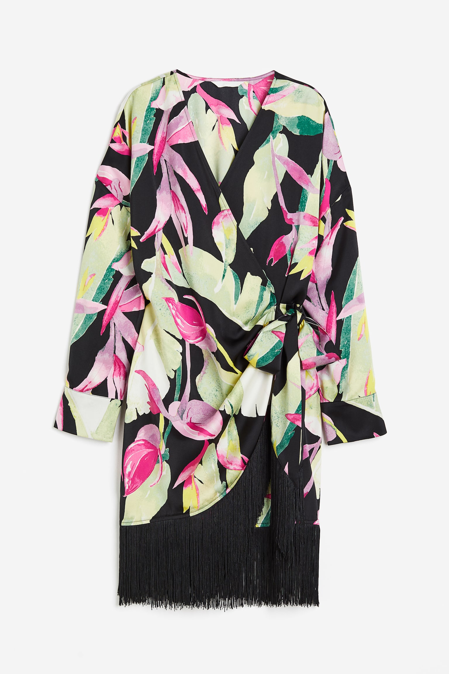 Fringe Trim Satin Wrap Dress - Black/Tropical flowers/Black/Lime green - 1