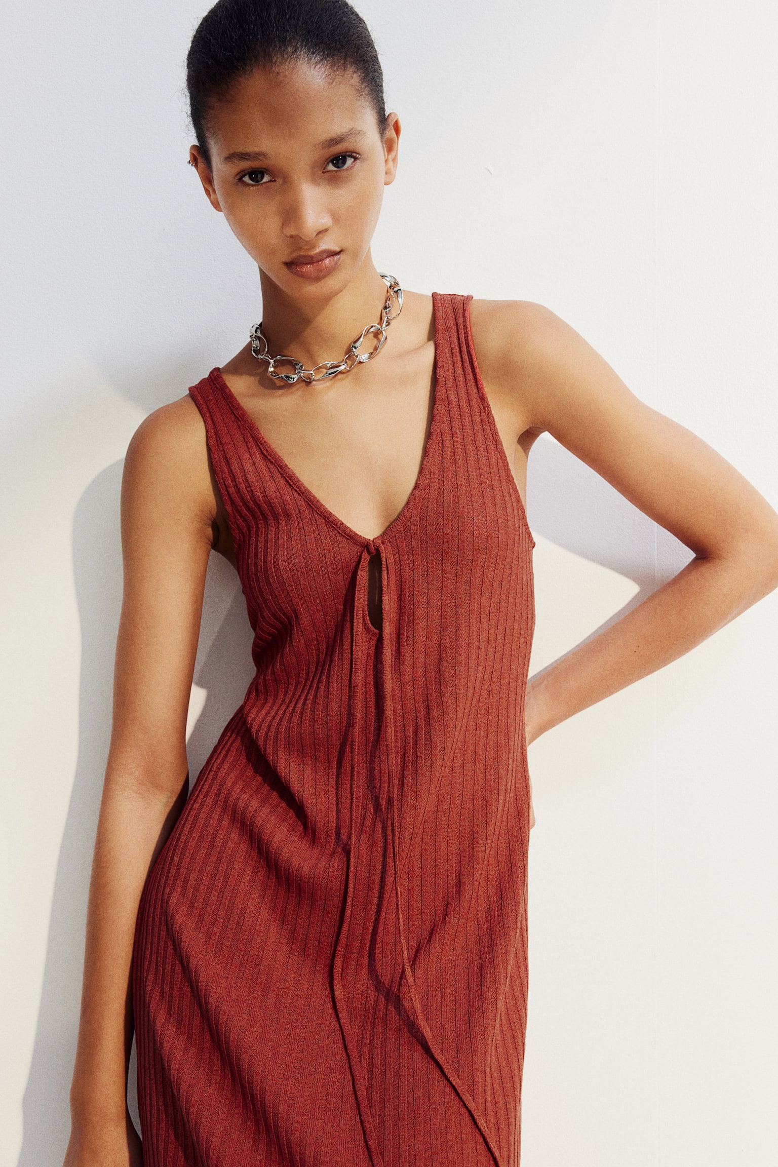 Tie Detail Rib Knit Dress - Rust red - 1