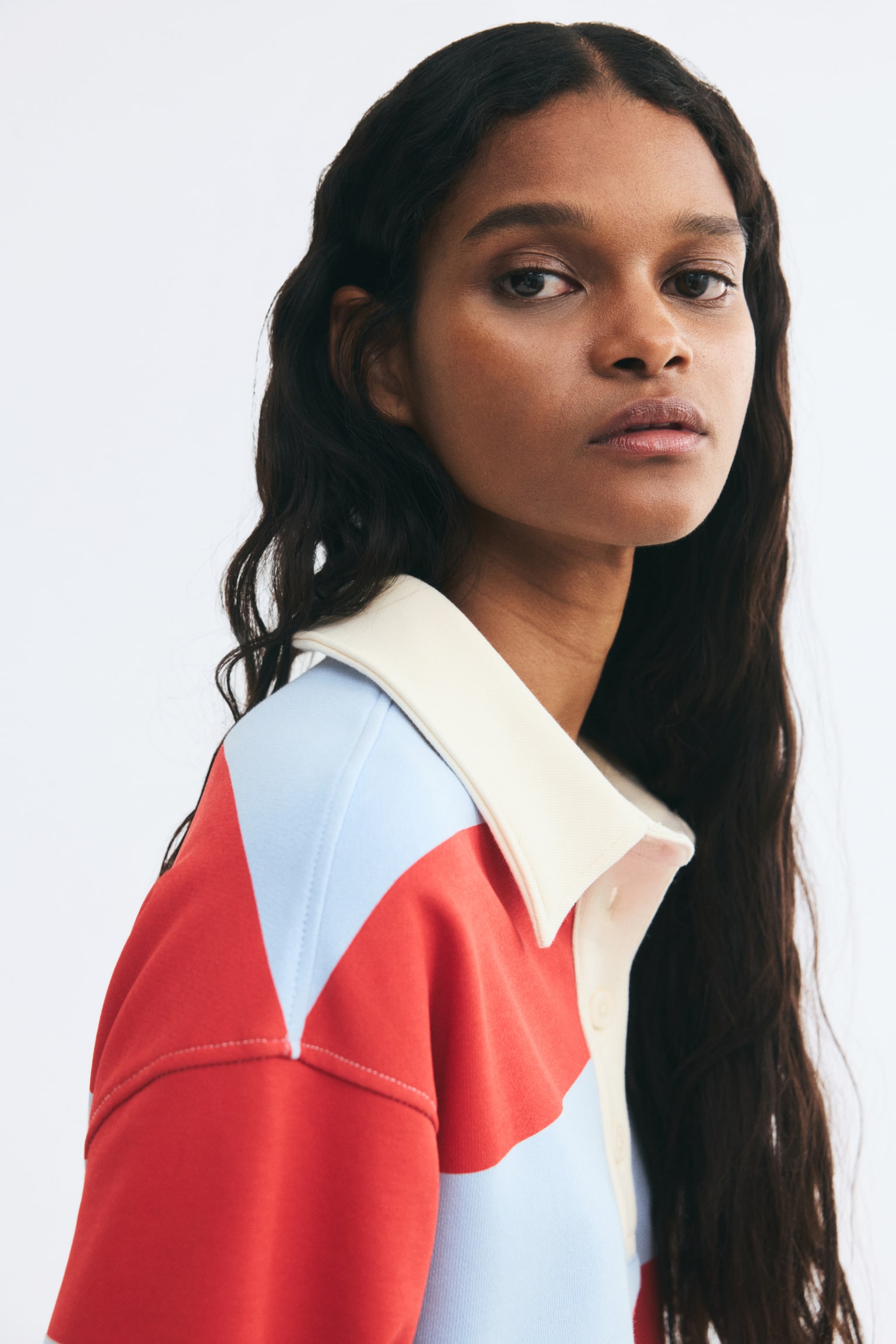 Женская рубашка H&M Cotton rugby shirt, цвет: Светлый синий / Полосатый — фото 4