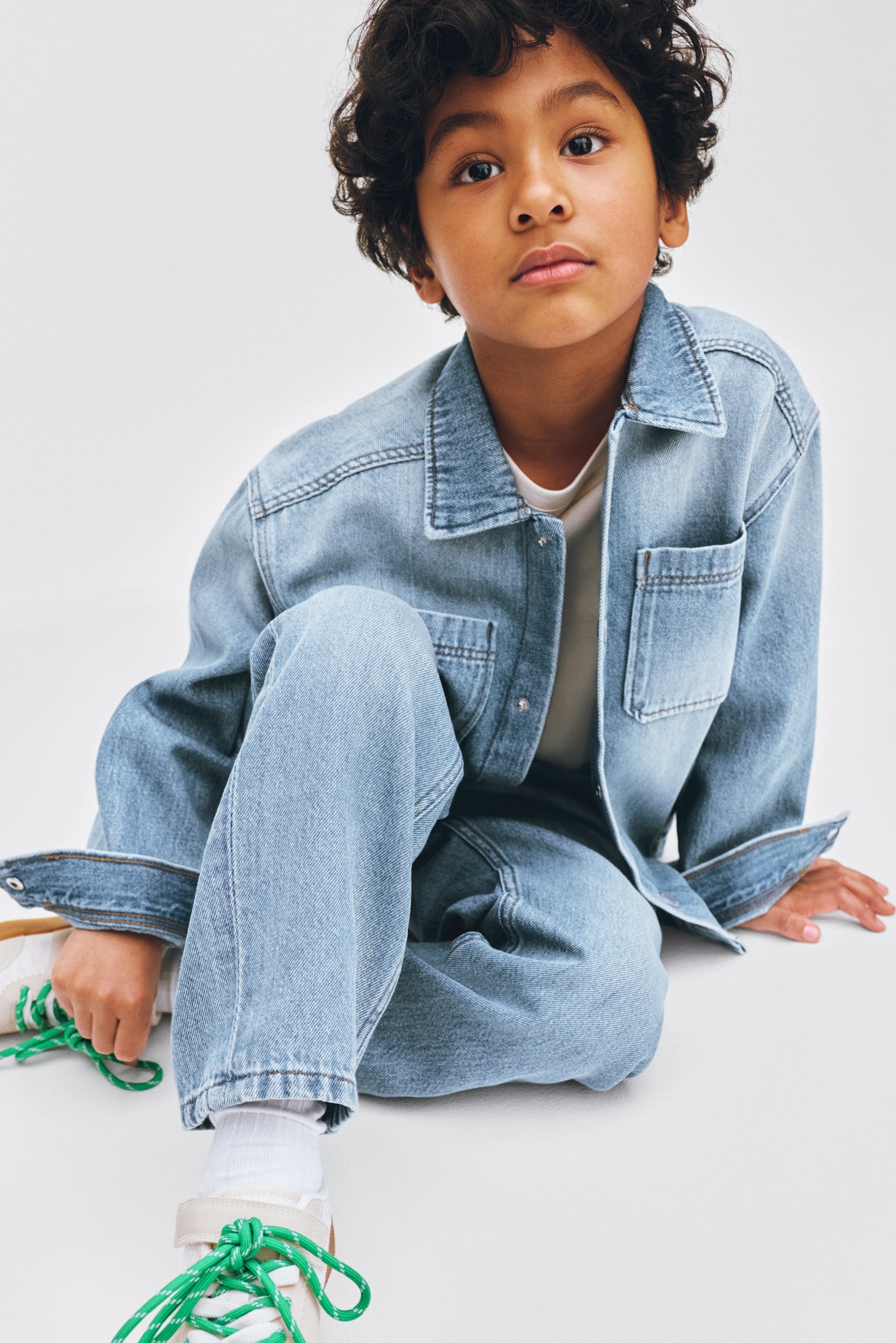 Pantalon en twill avec taille élastique - Bleu denim clair/Crème/rayé - 4