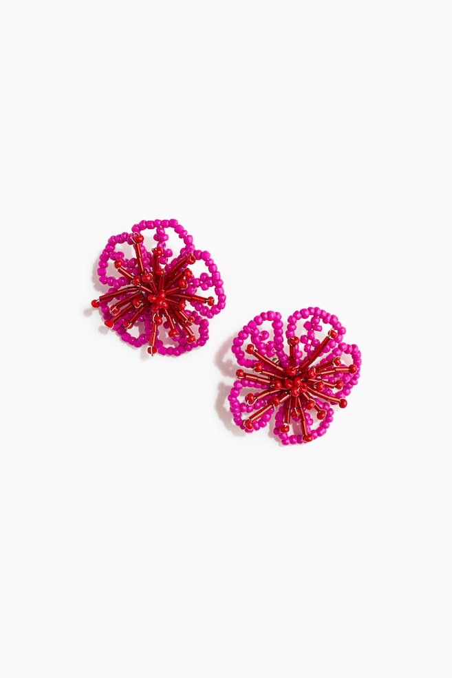 Flower-shaped beaded earrings - Cerise/Red - 1