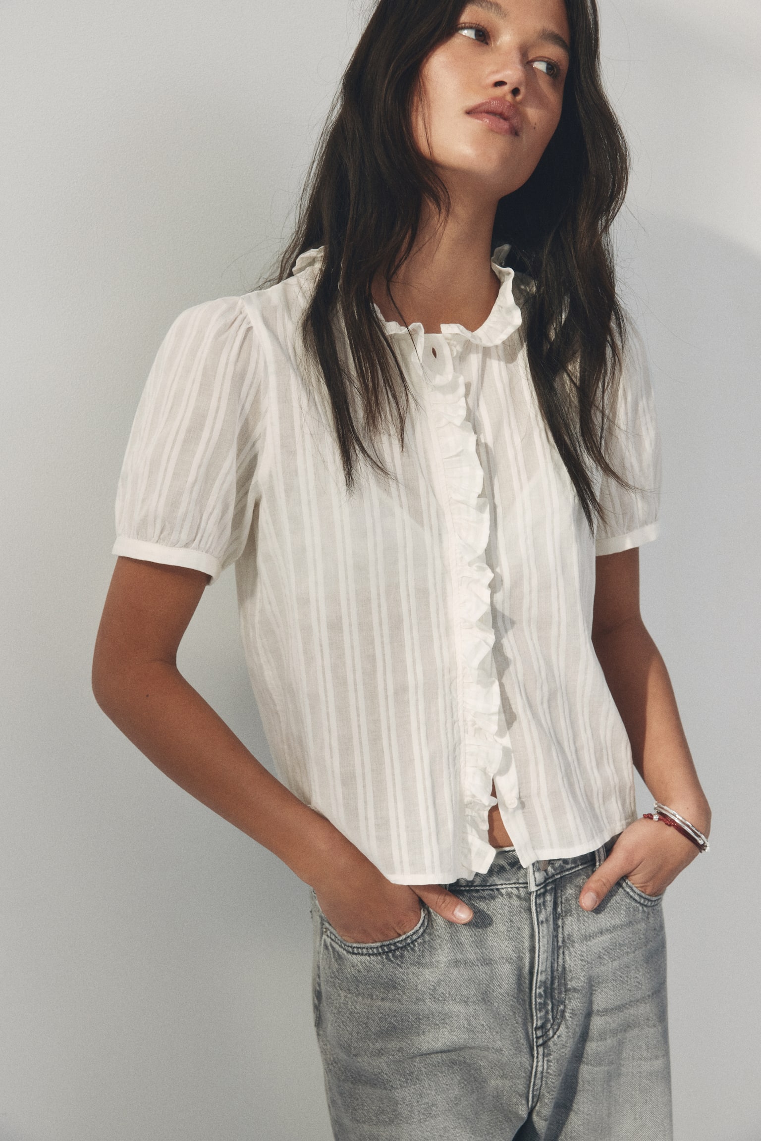 Frill-trimmed cotton blouse - White/Light blue/Striped - 3