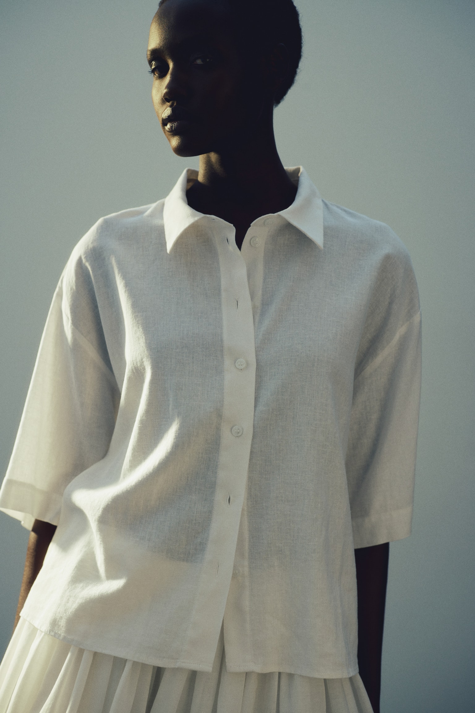 Camisa en mezcla de lino - Blanco/Rosa palo/Rojo vivo - 3