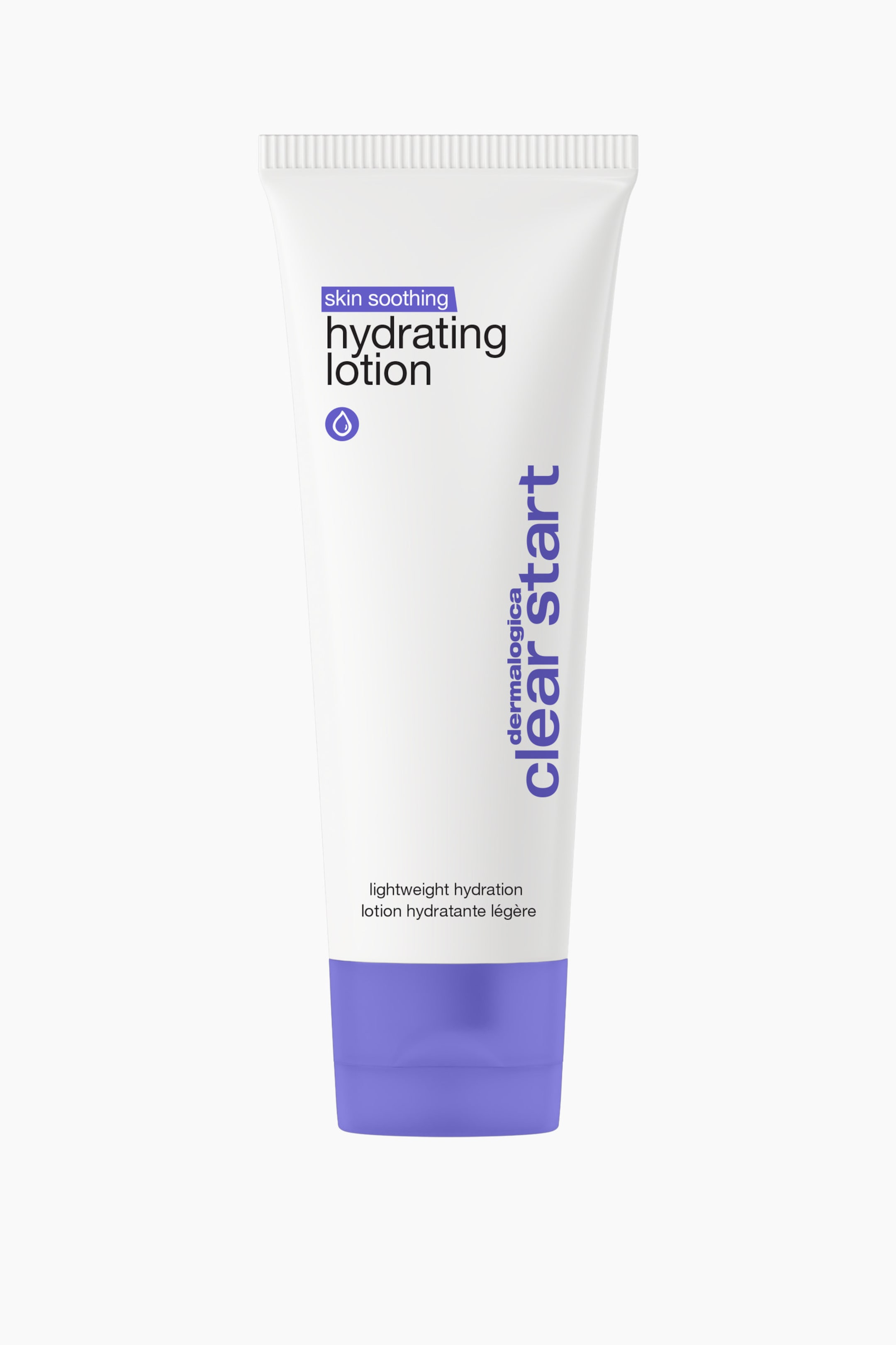 Visa större bild: En vit klämbar tub med Dermalogica Clear Start Skin Soothing Hydrating Lotion står upprätt och vänd framåt. Tuben har ett lila flip-top-lock vid basen samt lila och svart varumärkestext på framsidan.